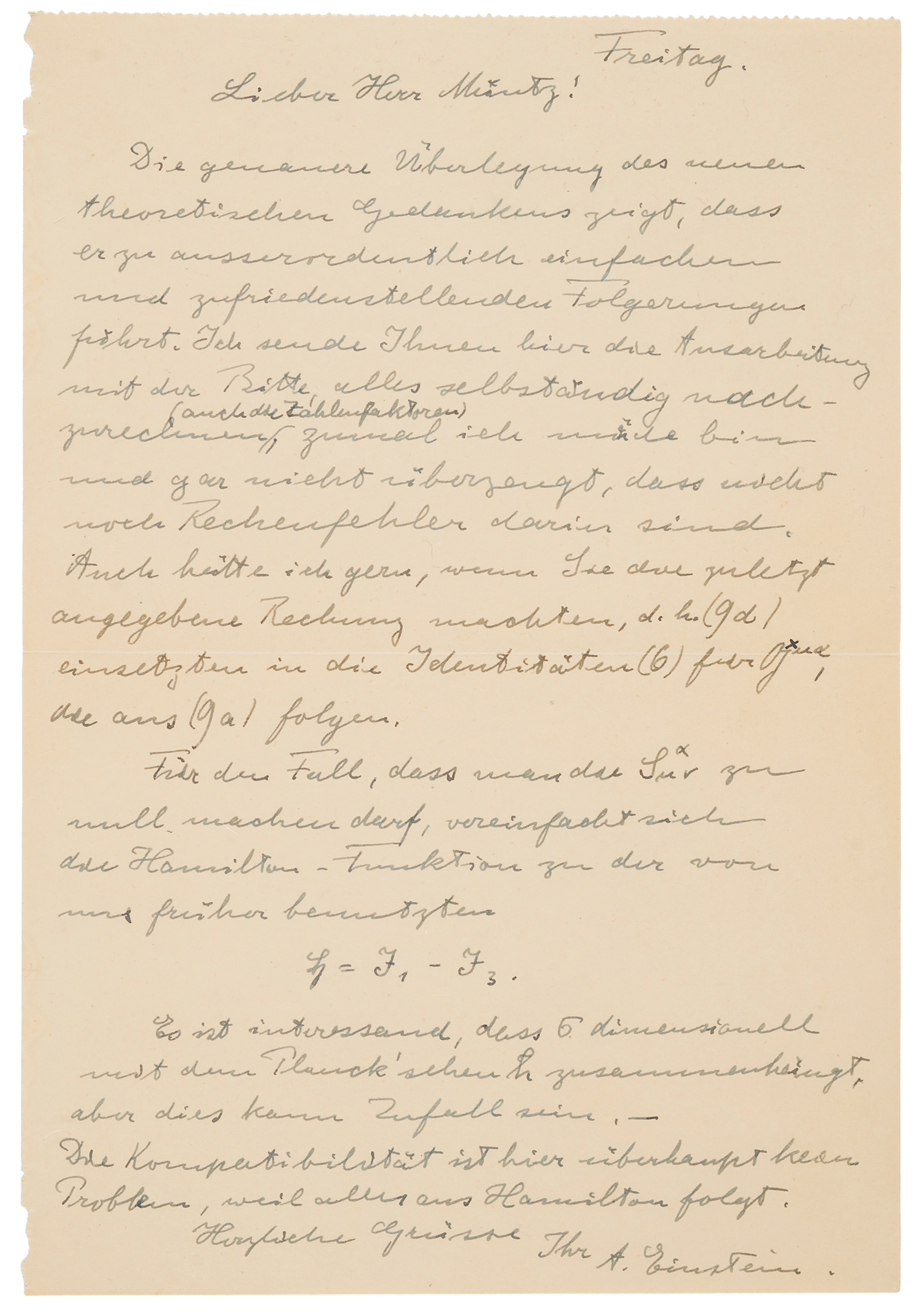 Albert Einstein Autograph Letter Signed on Hamiltonian Mechanics and