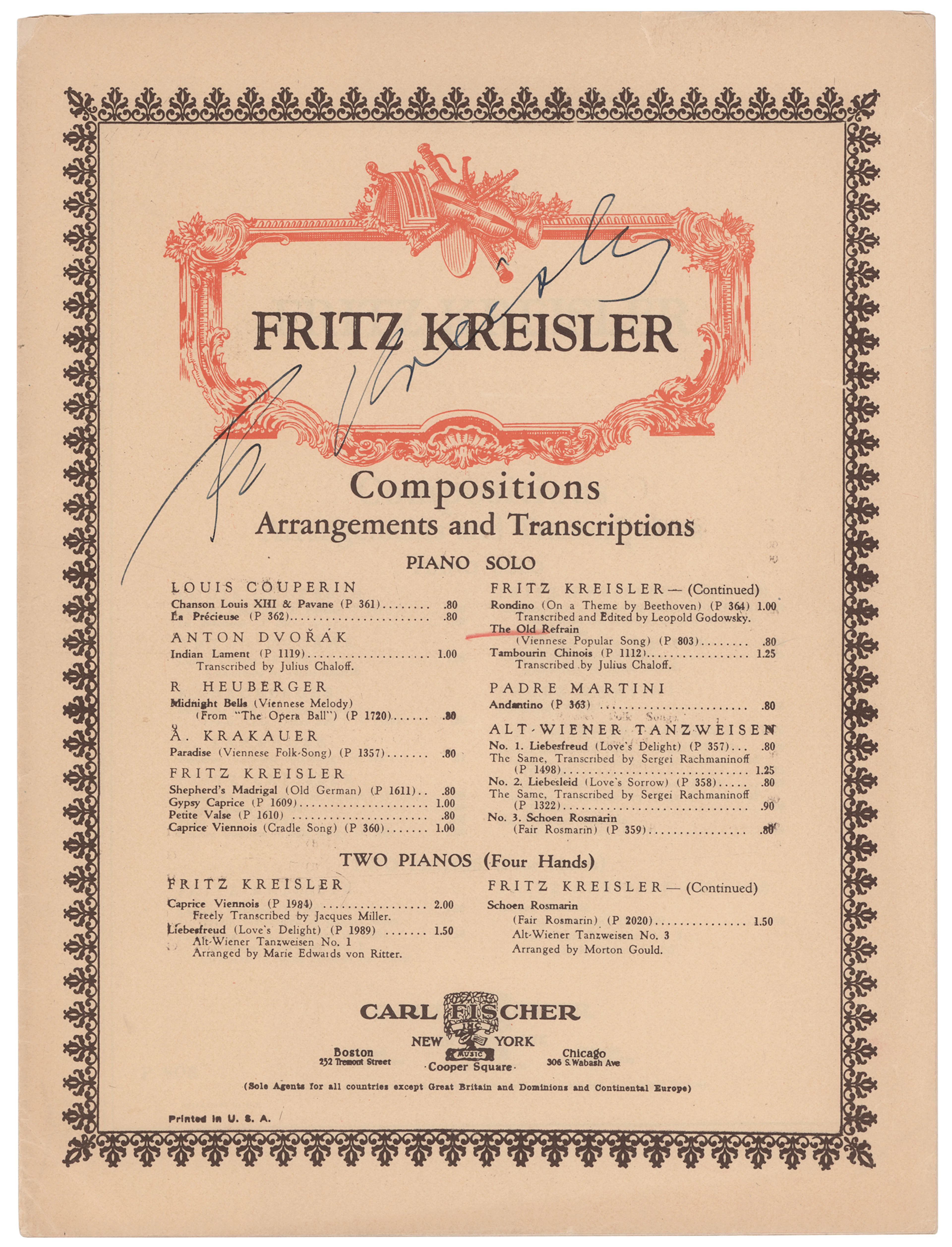 Fritz Kreisler Signed ‘Liebesfreud’ Piano Solo Sheet Music Booklet