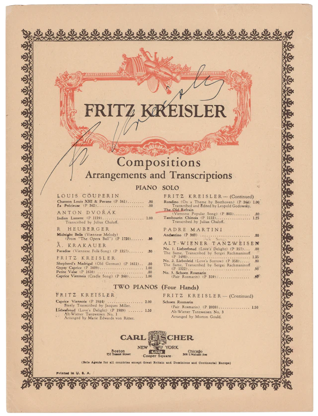 Fritz Kreisler Signed ‘Liebesfreud’ Piano Solo Sheet Music Booklet