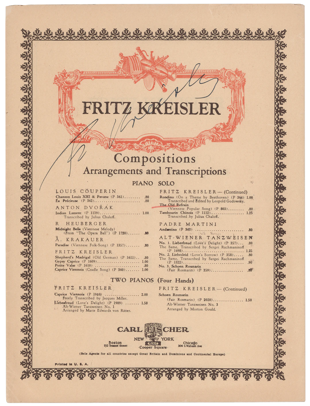 Fritz Kreisler Signed ‘Liebesfreud’ Piano Solo Sheet Music Booklet
