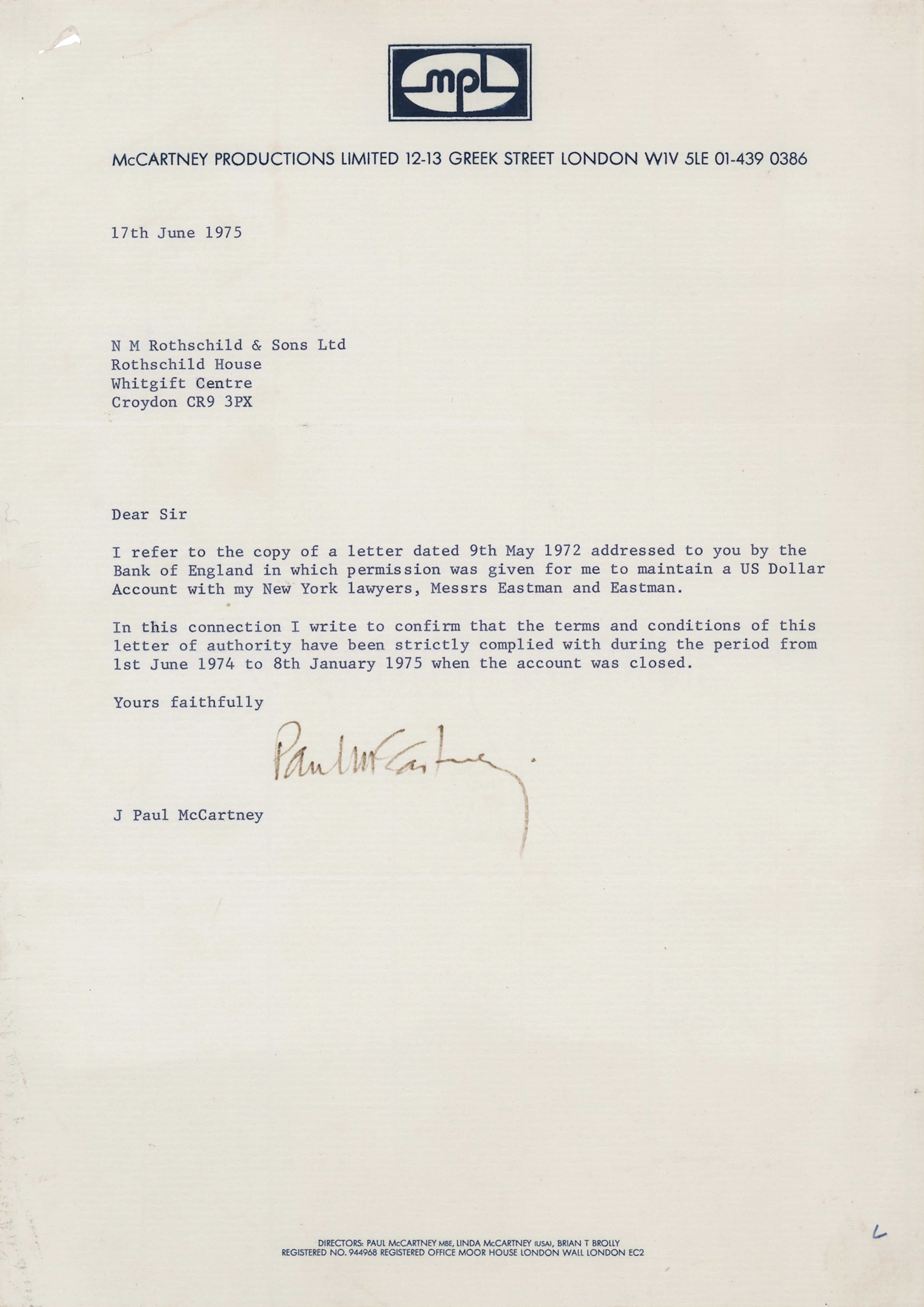 Beatles: Paul McCartney Typed Letter Signed on His U.S. Dollar Account