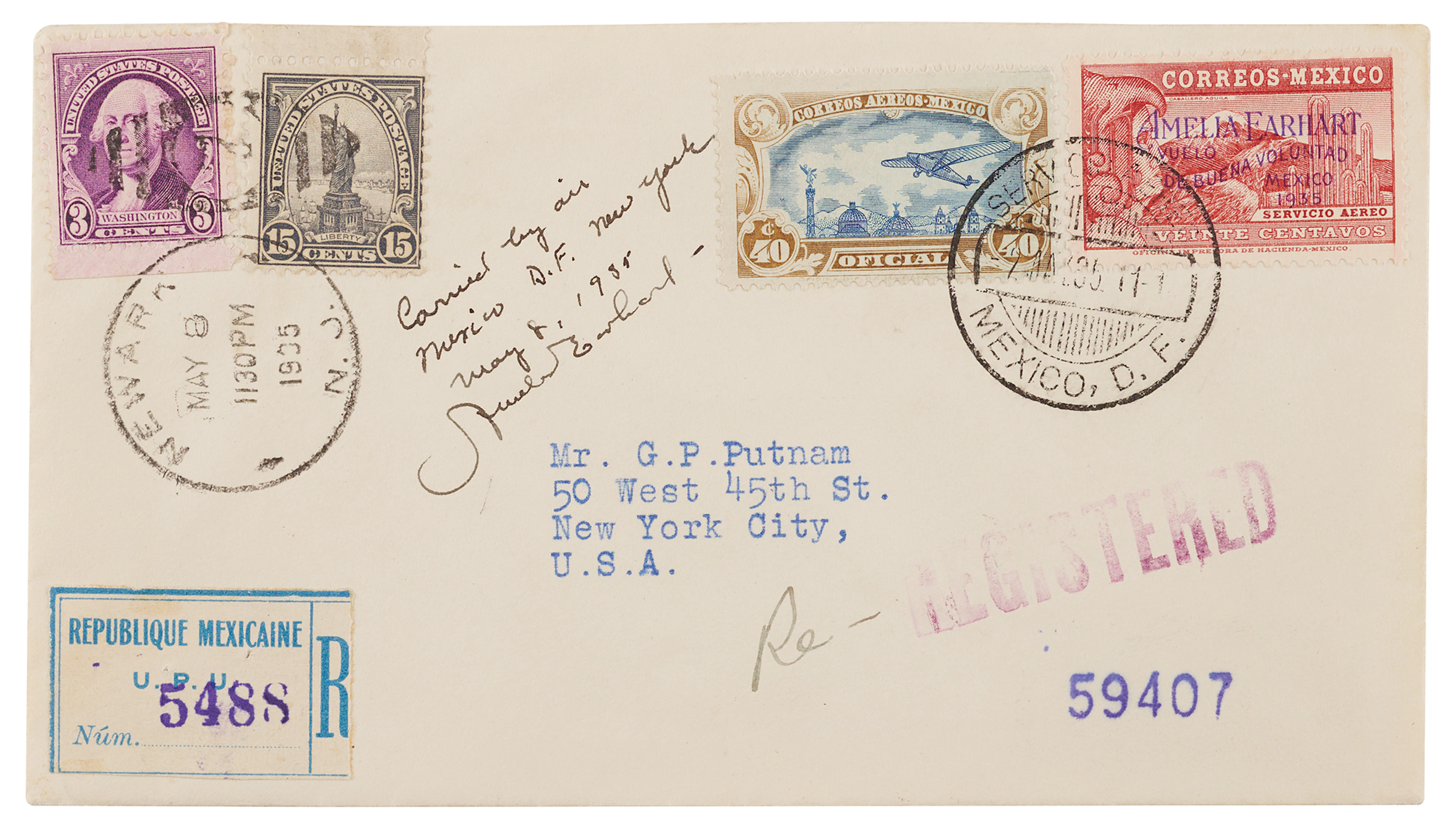 Amelia Earhart Signed Flown Airmail Cover Carried on Her Historic