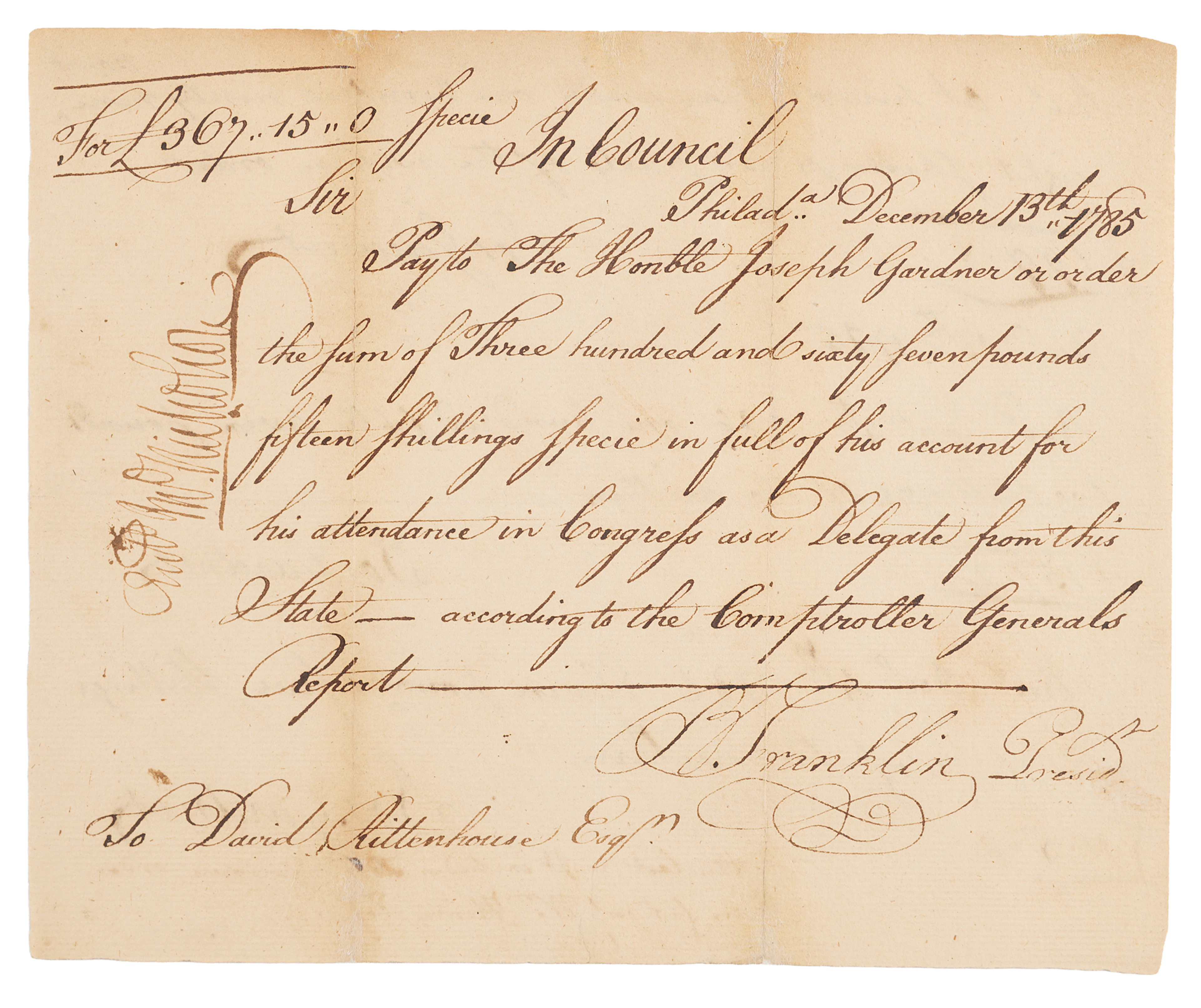 Benjamin Franklin Signed 1785 Pennsylvania Pay Order for Continental