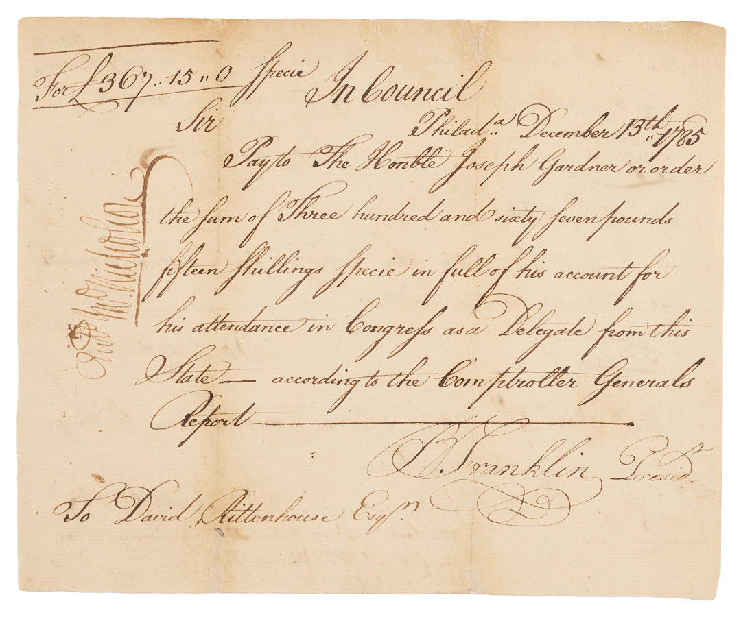 Benjamin Franklin Signed 1785 Pennsylvania Pay Order for Continental