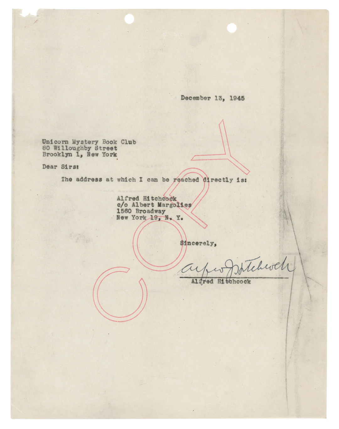 Alfred Hitchcock Document Signed to the Unicorn Mystery Book Club