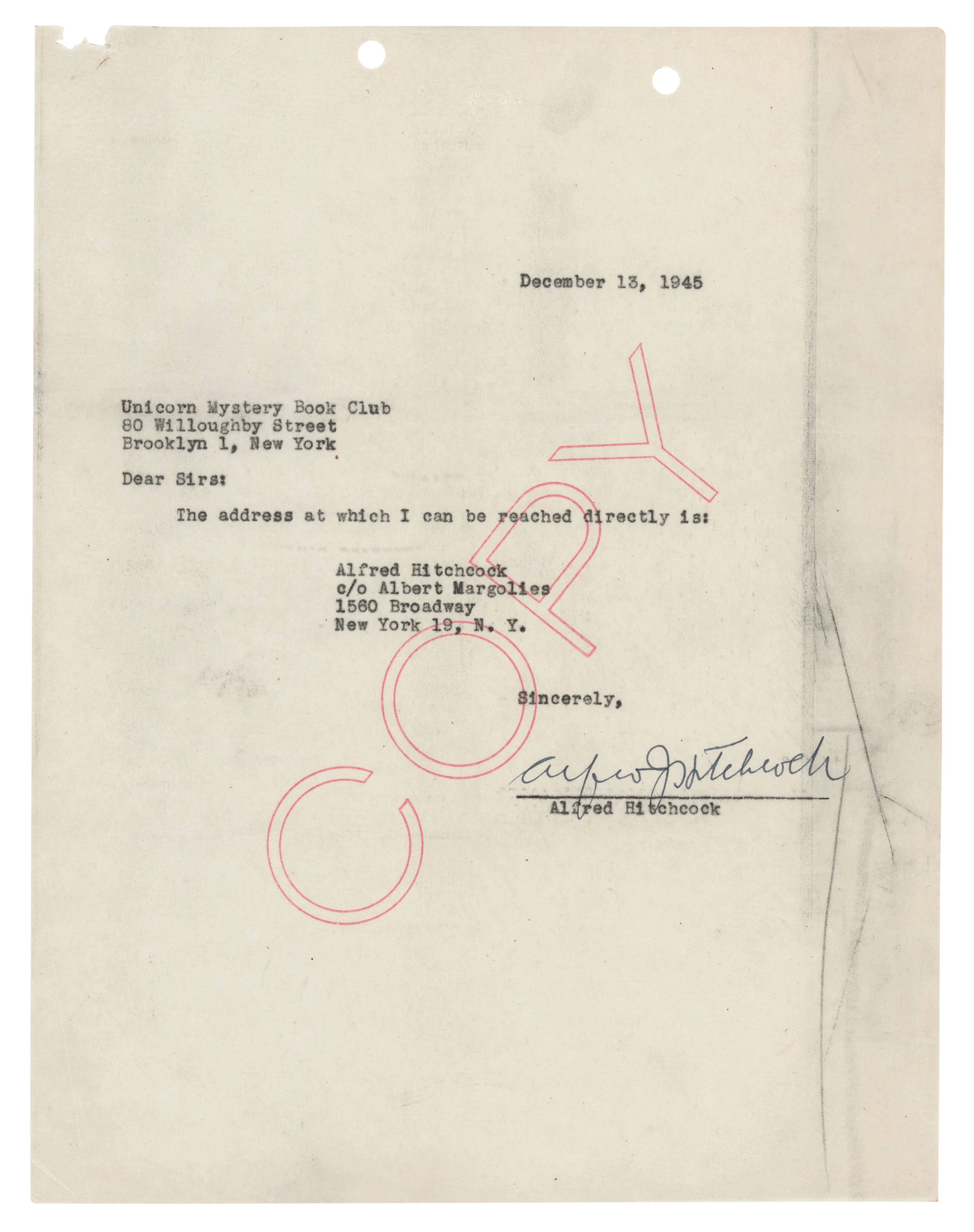 Alfred Hitchcock Document Signed to the Unicorn Mystery Book Club