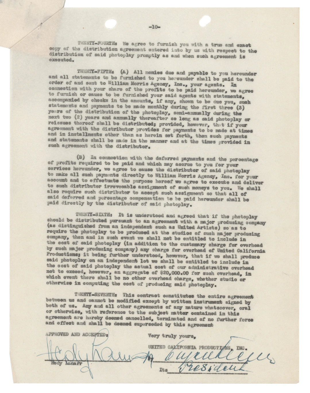 Hedy Lamarr Signed Motion Picture Contract for Let's Live a Little