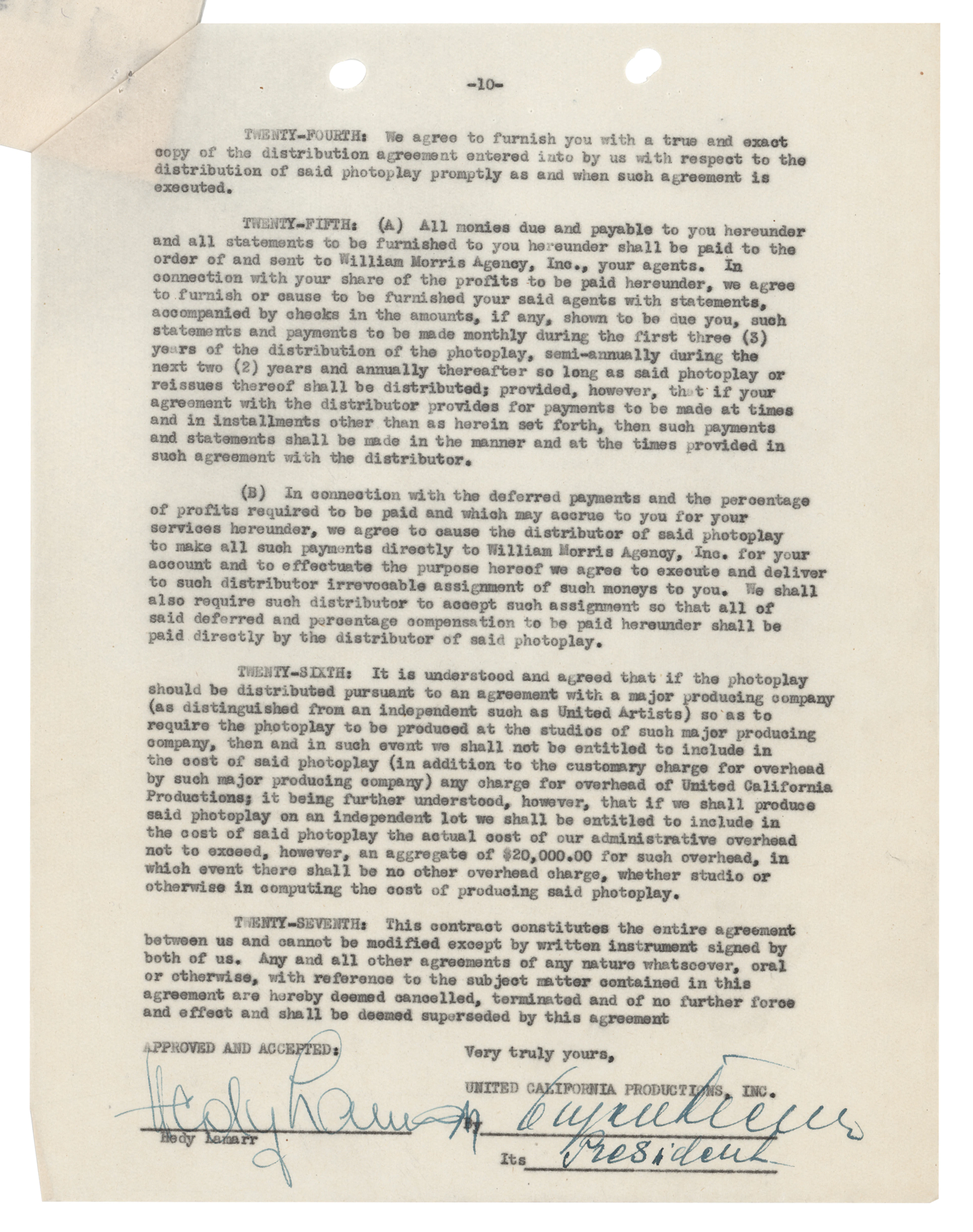 Hedy Lamarr Signed Motion Picture Contract for Let's Live a Little