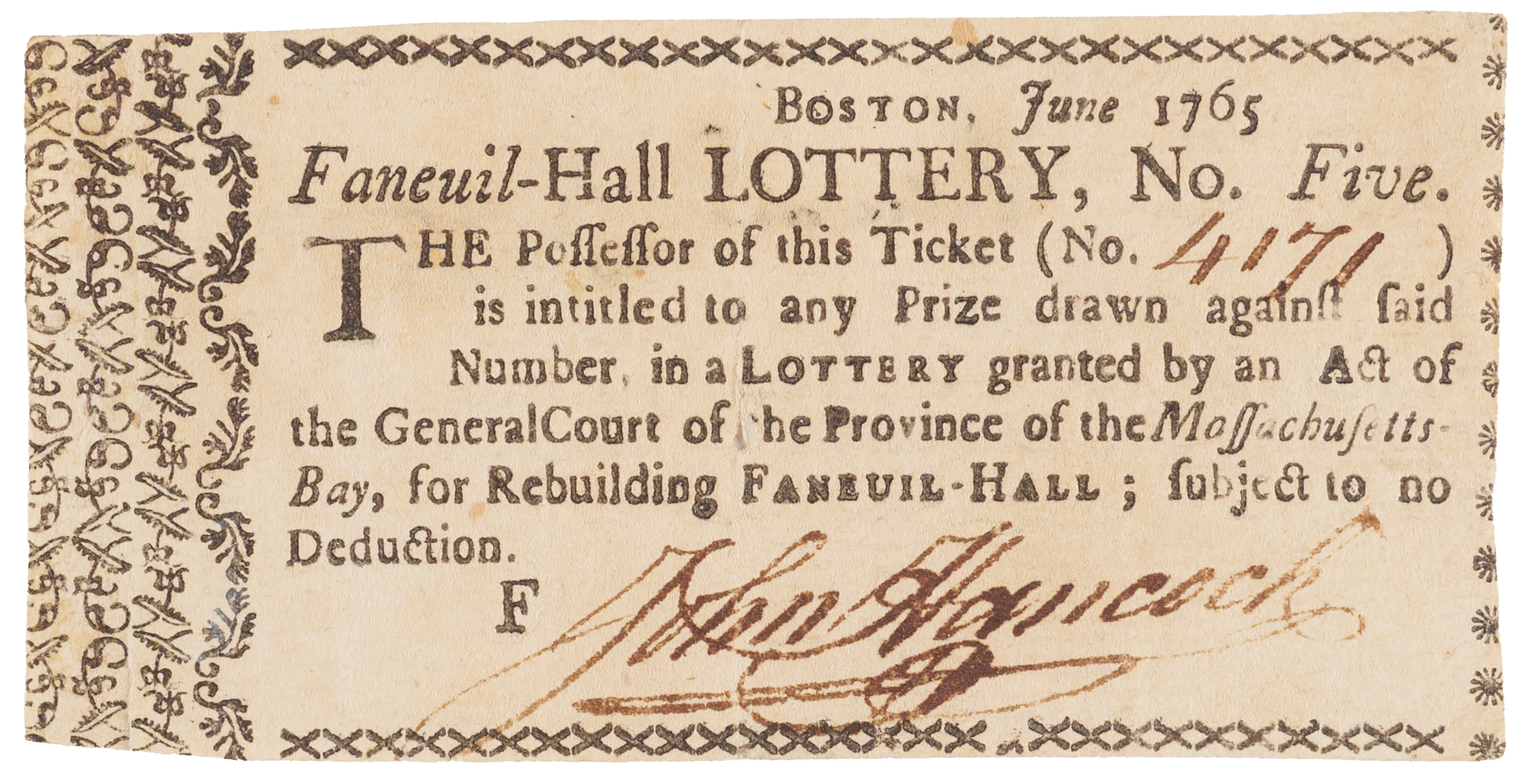 John Hancock Signed 1765 Faneuil Hall Lottery Ticket, Endorsed by