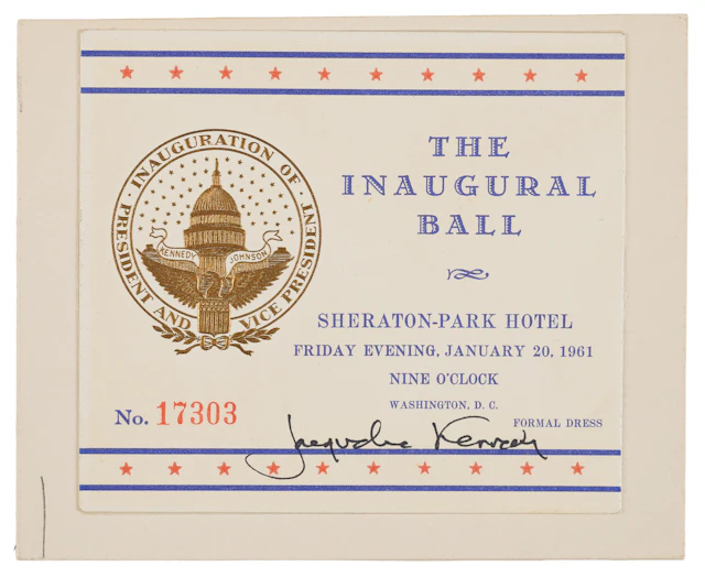 Jacqueline Kennedy Signed 'Inaugural Ball' Ticket Stub