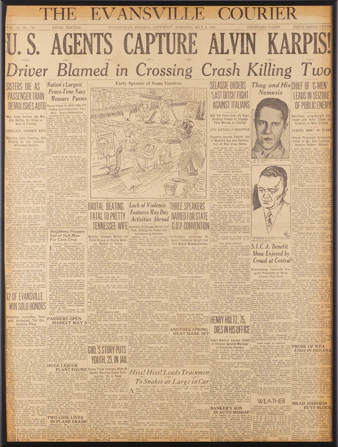 Alvin Karpis: Front Page of the Evansville Courier, May 2, 1936 -
