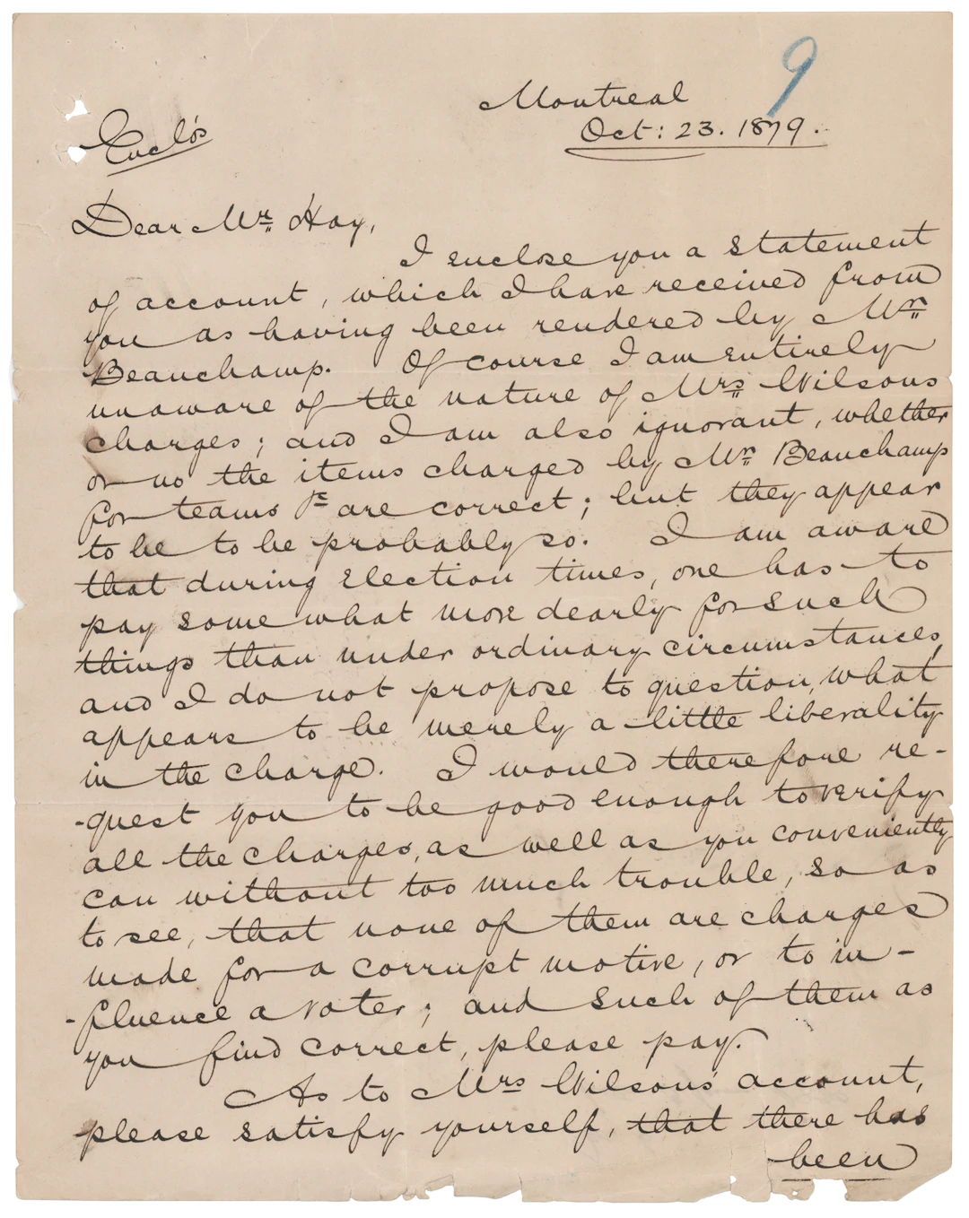John Abbott Letter Signed on Election Expenses - “Preferring to lose