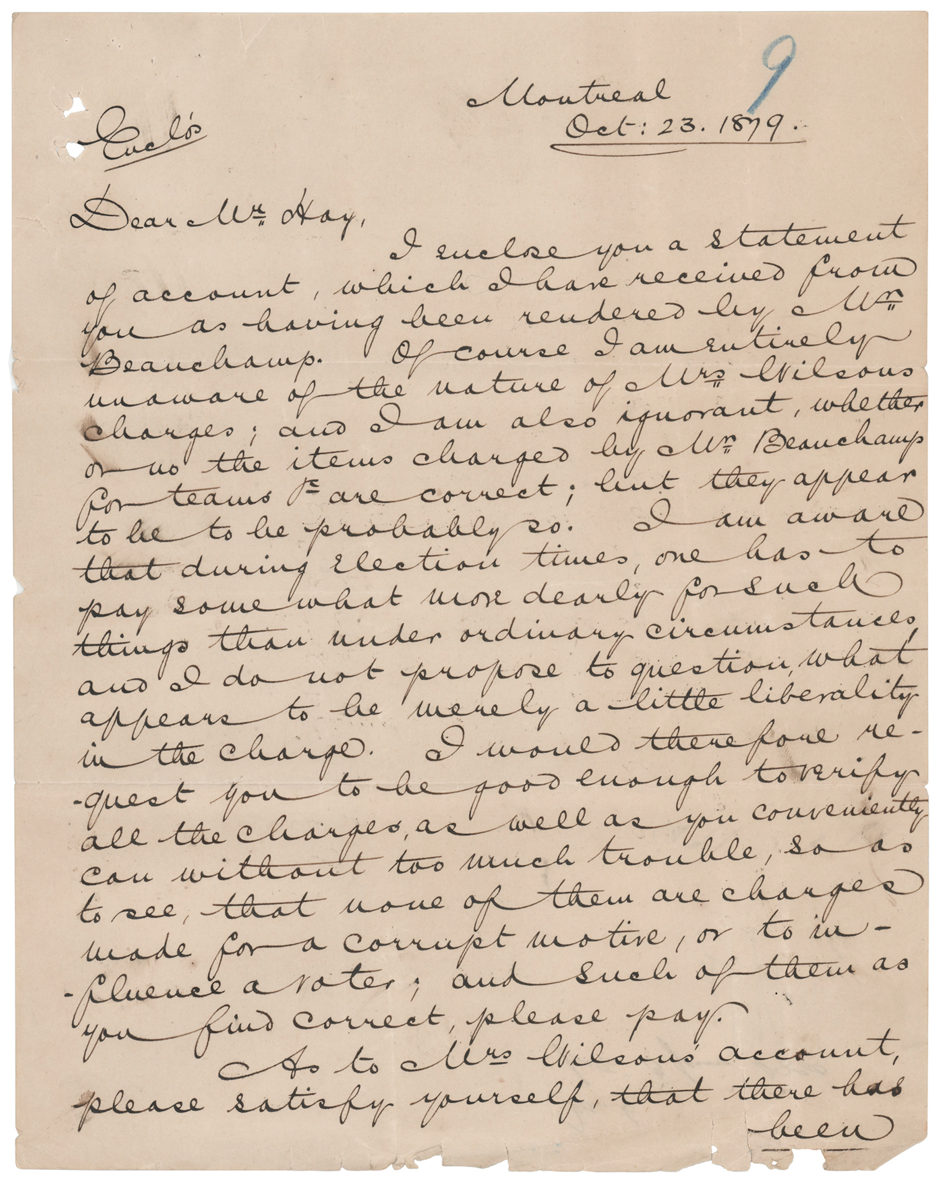 John Abbott Letter Signed on Election Expenses - “Preferring to lose