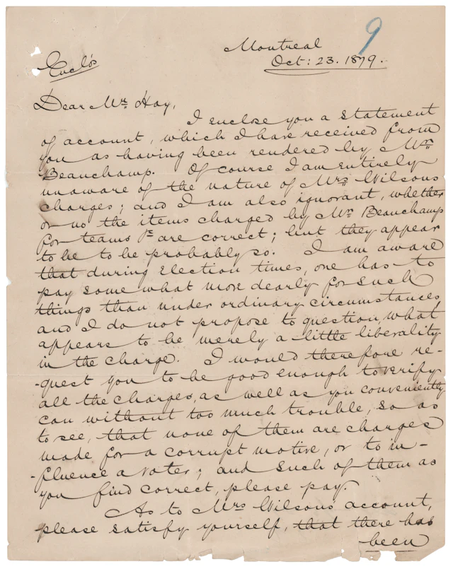 John Abbott Letter Signed on Election Expenses - “Preferring to lose