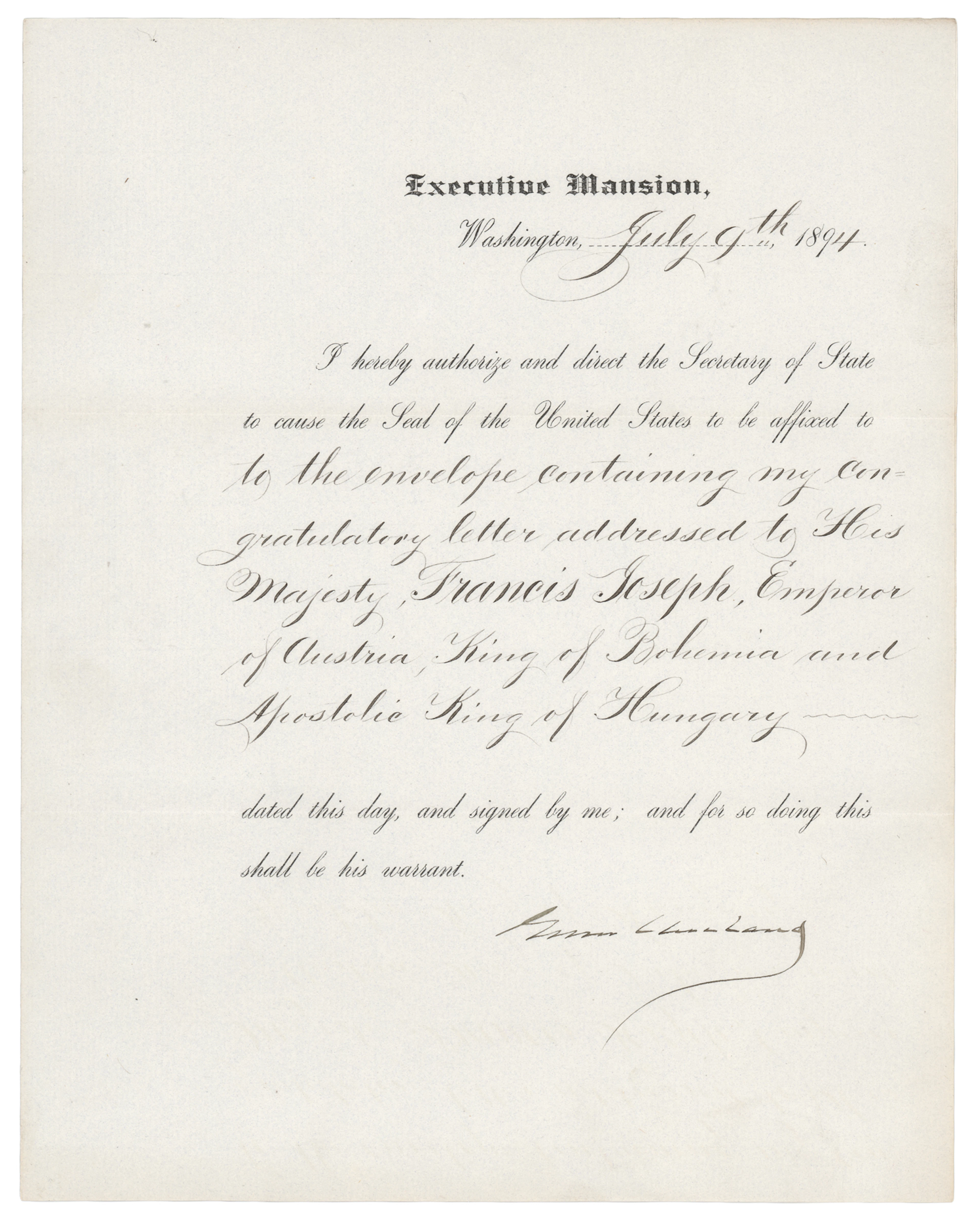 Grover Cleveland Document Signed as President, Congratulating Austrian