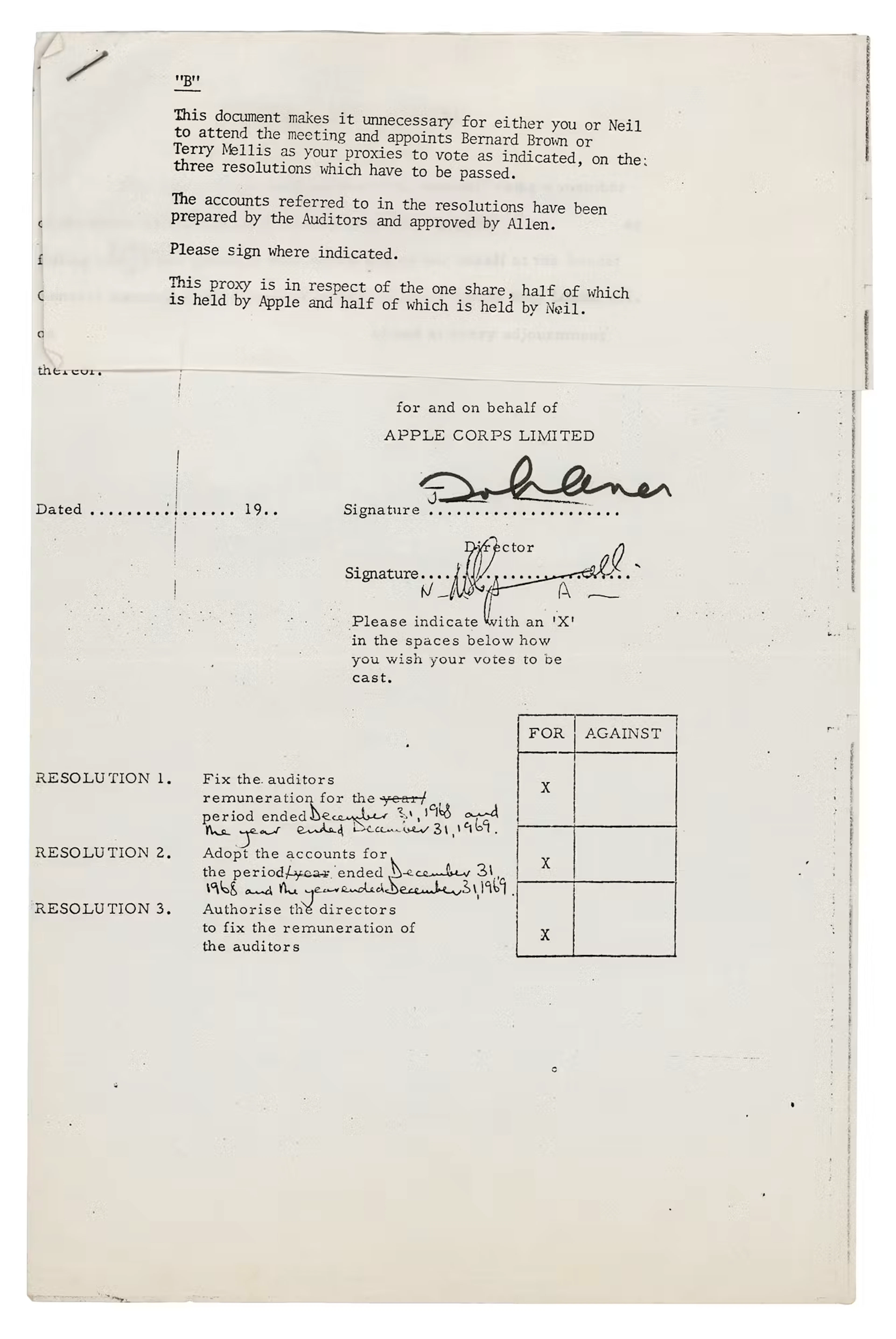 John Lennon Signed Apple Corps Proxy Document for Python Music Limited