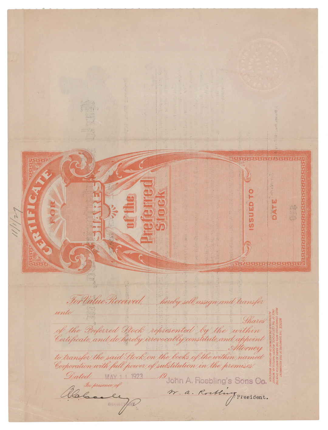 Washington A. Roebling Signed Harlo Manufacturing Co. Stock Certificate (1922)