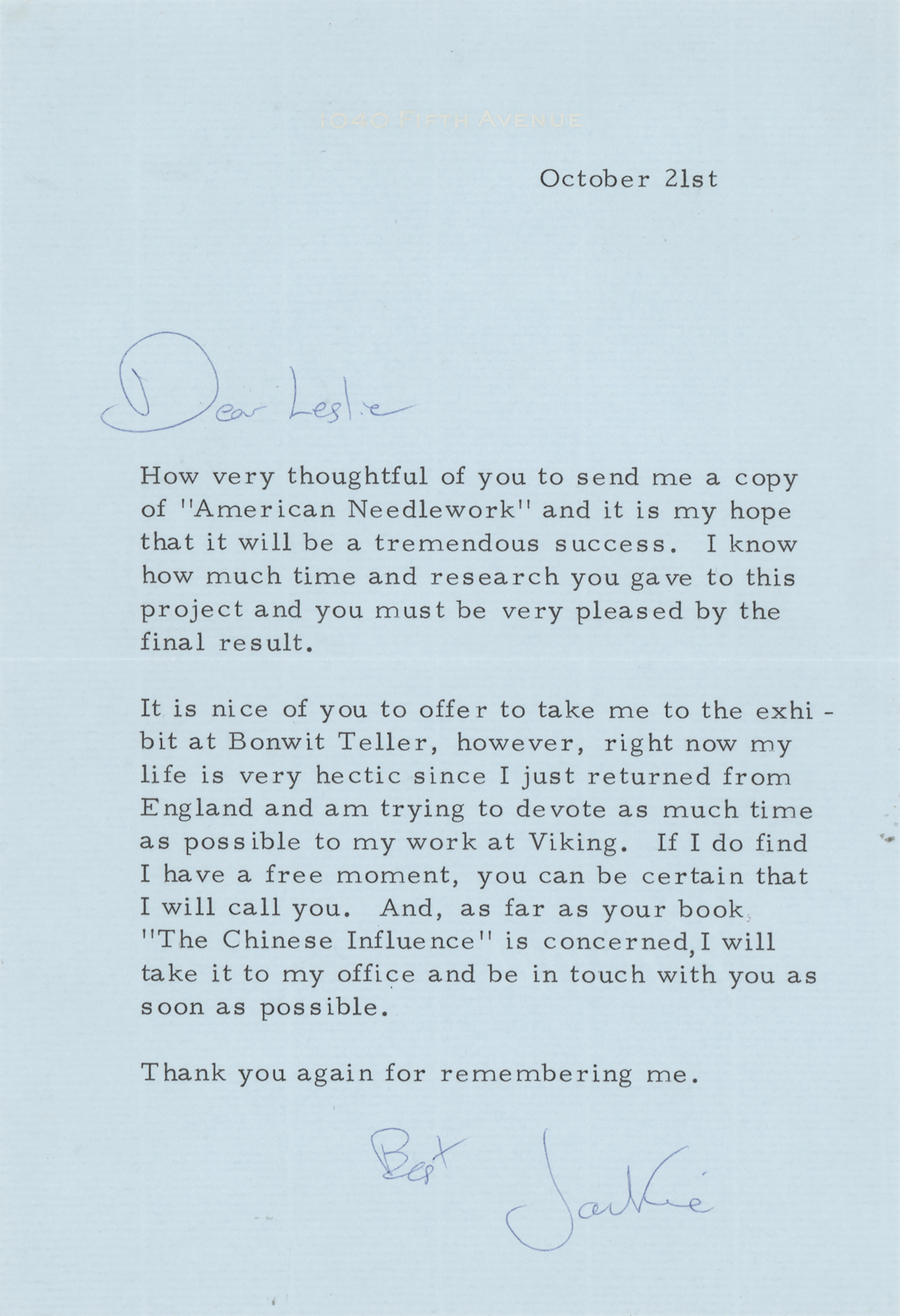 Jacqueline Kennedy Typed Letter Signed to Her Favored Fabric Designer