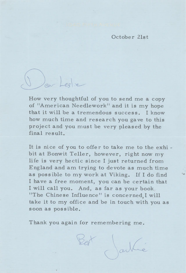 Jacqueline Kennedy Typed Letter Signed to Her Favored Fabric Designer