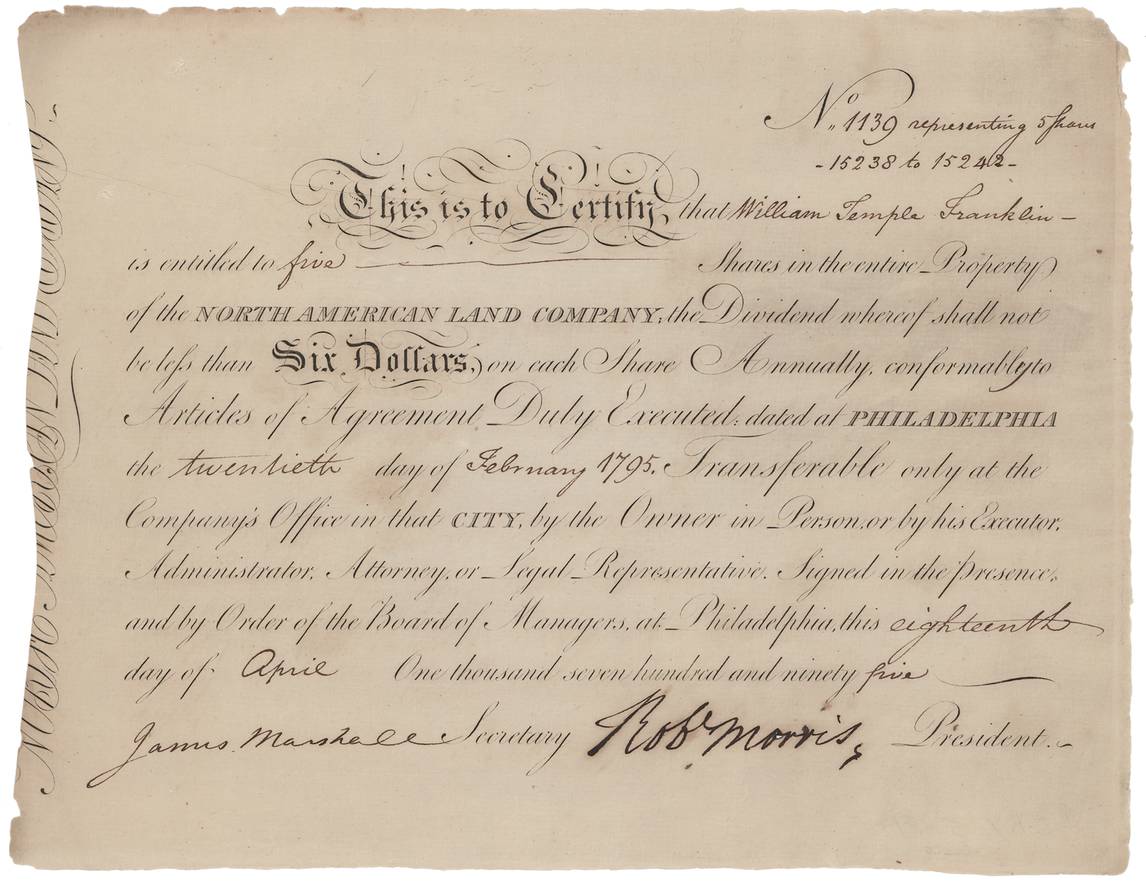 Robert Morris Document Signed, Issuing Shares to Benjamin Franklin's Grandson
