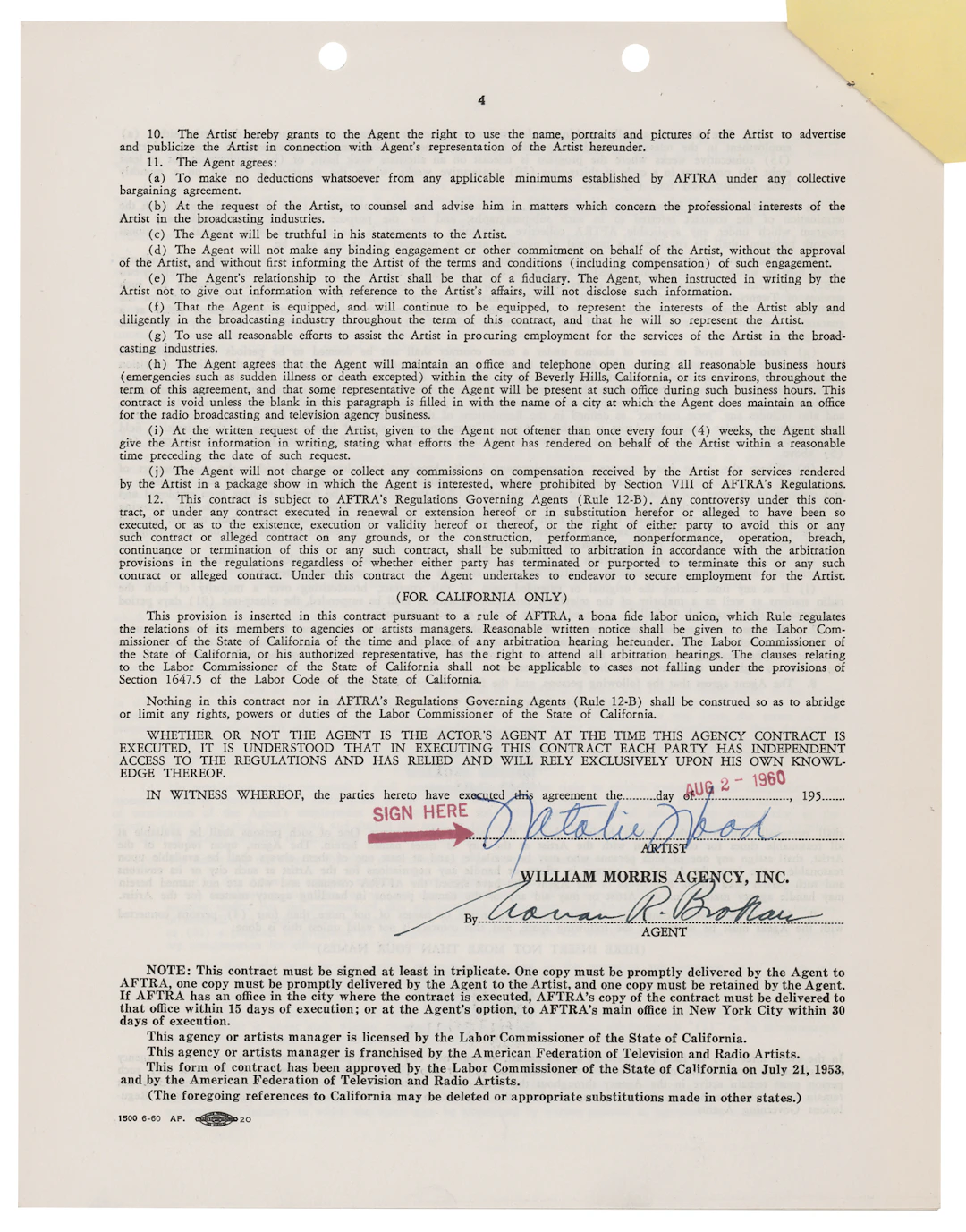 Natalie Wood Document Signed
