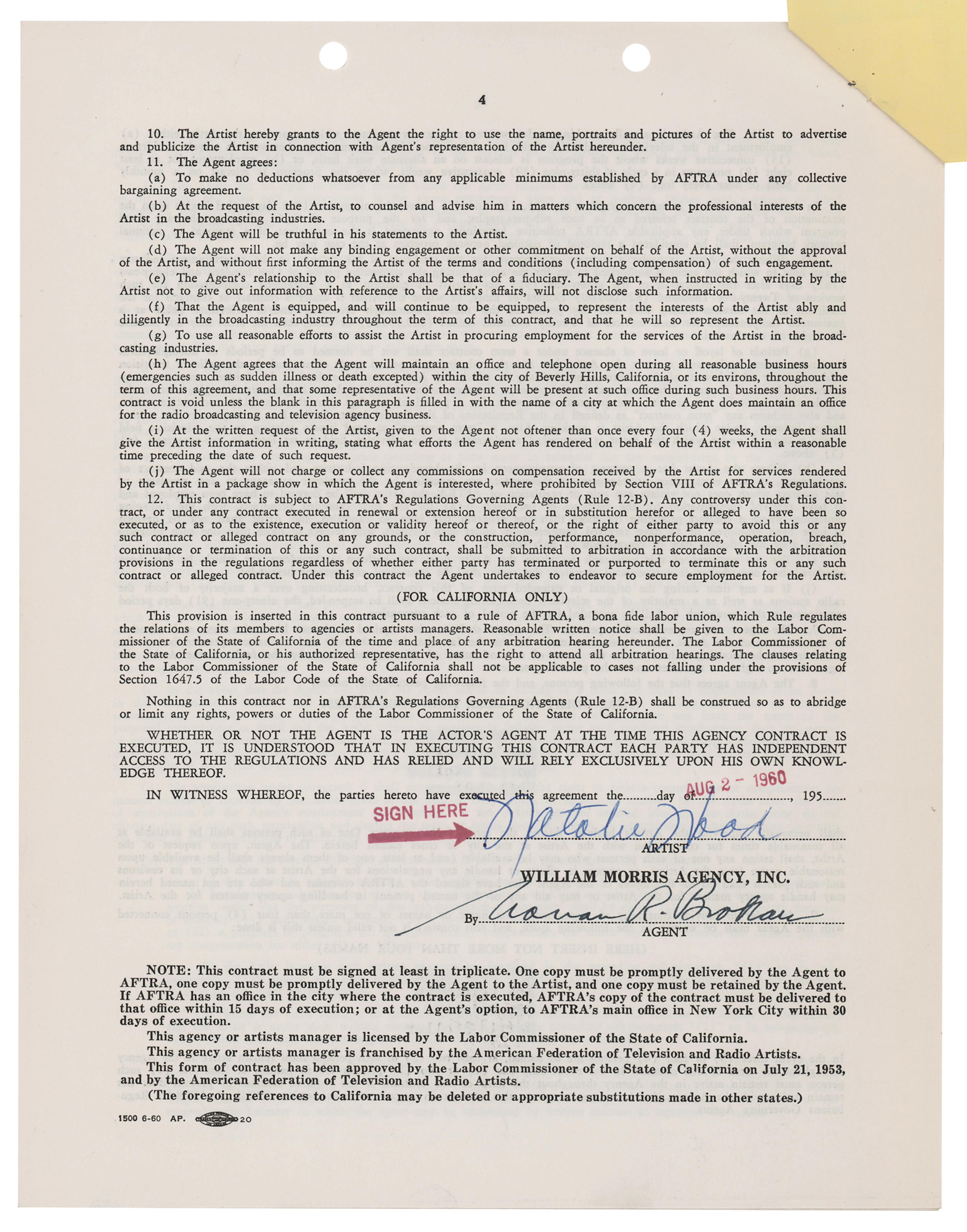 Natalie Wood Document Signed