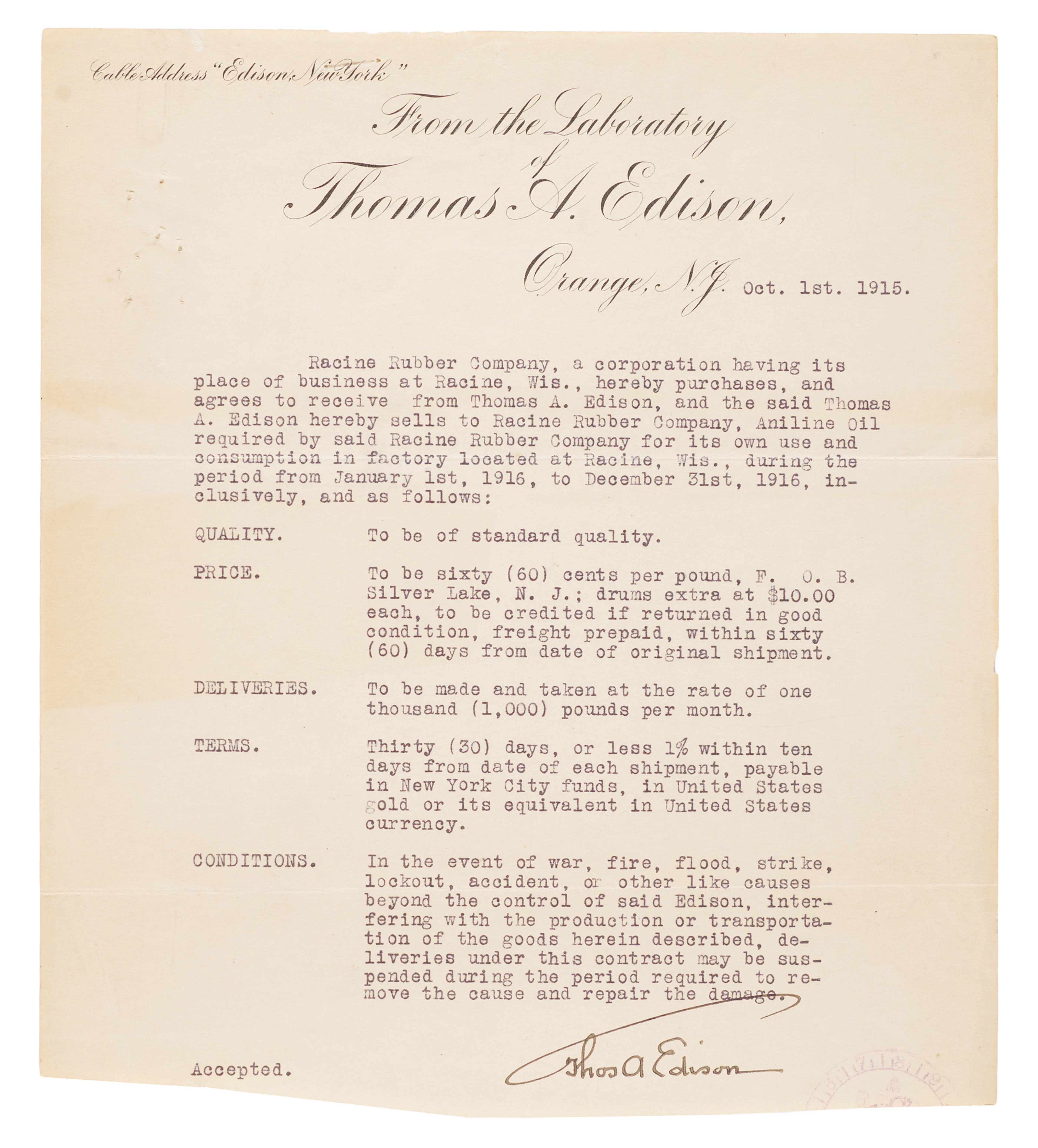 Thomas Edison Document Signed - Wartime Aniline Oil Supply Contract (1915)