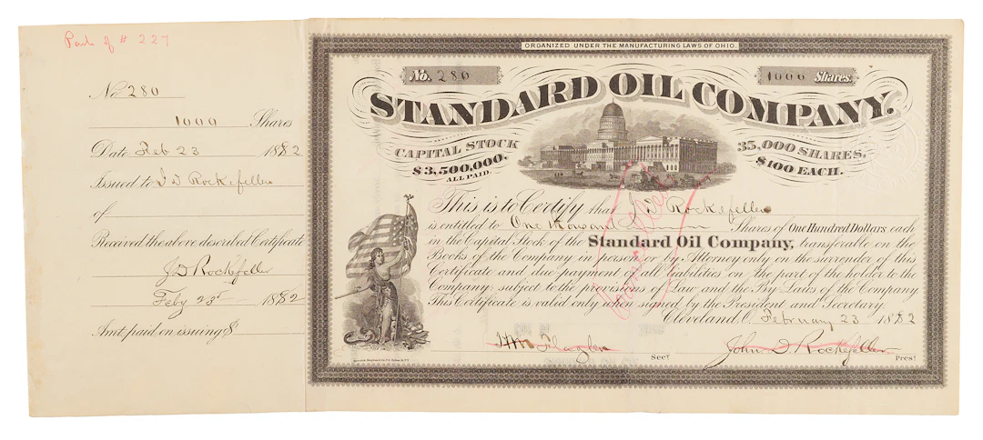 John D. Rockefeller Thrice-Signed 1882 Standard Oil Stock Certificate
