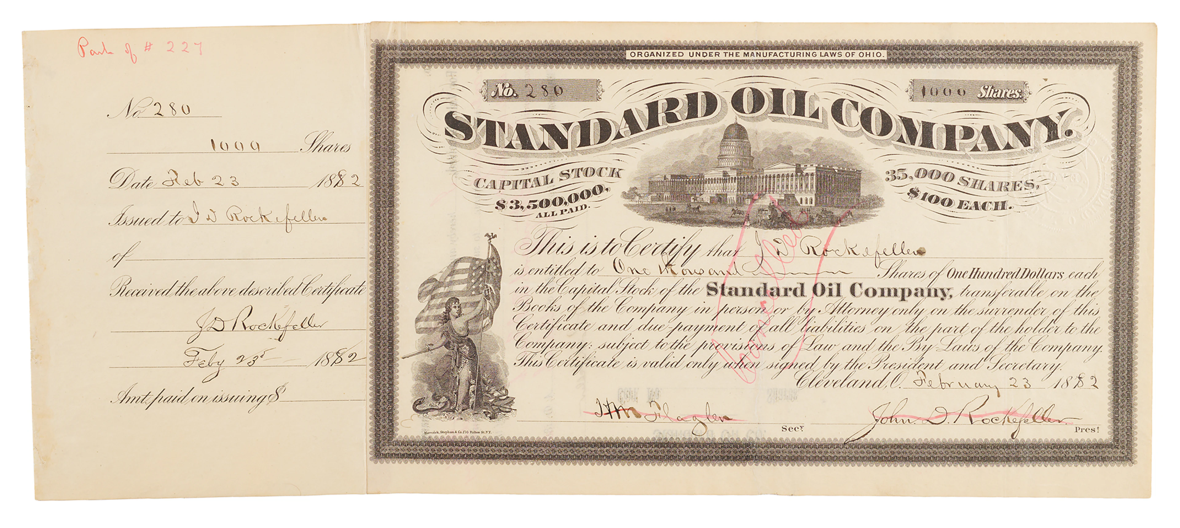 John D. Rockefeller Thrice-Signed 1882 Standard Oil Stock Certificate
