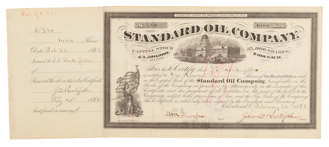 John D. Rockefeller Thrice-Signed 1882 Standard Oil Stock Certificate