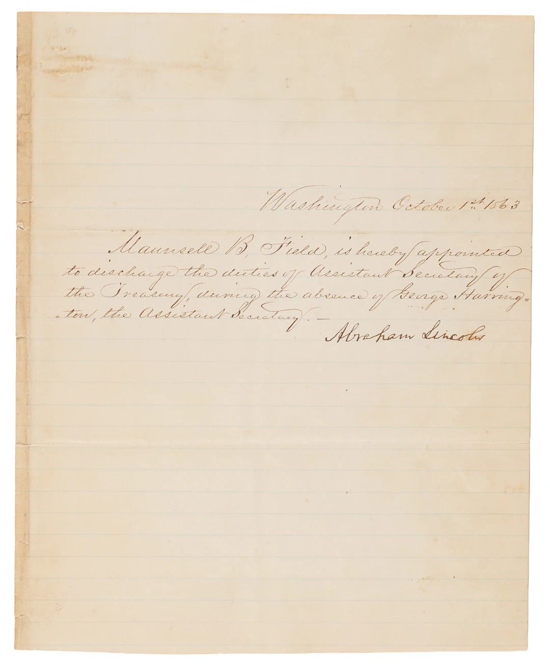 Abraham Lincoln Document Signed as President, Appointing Maunsell
