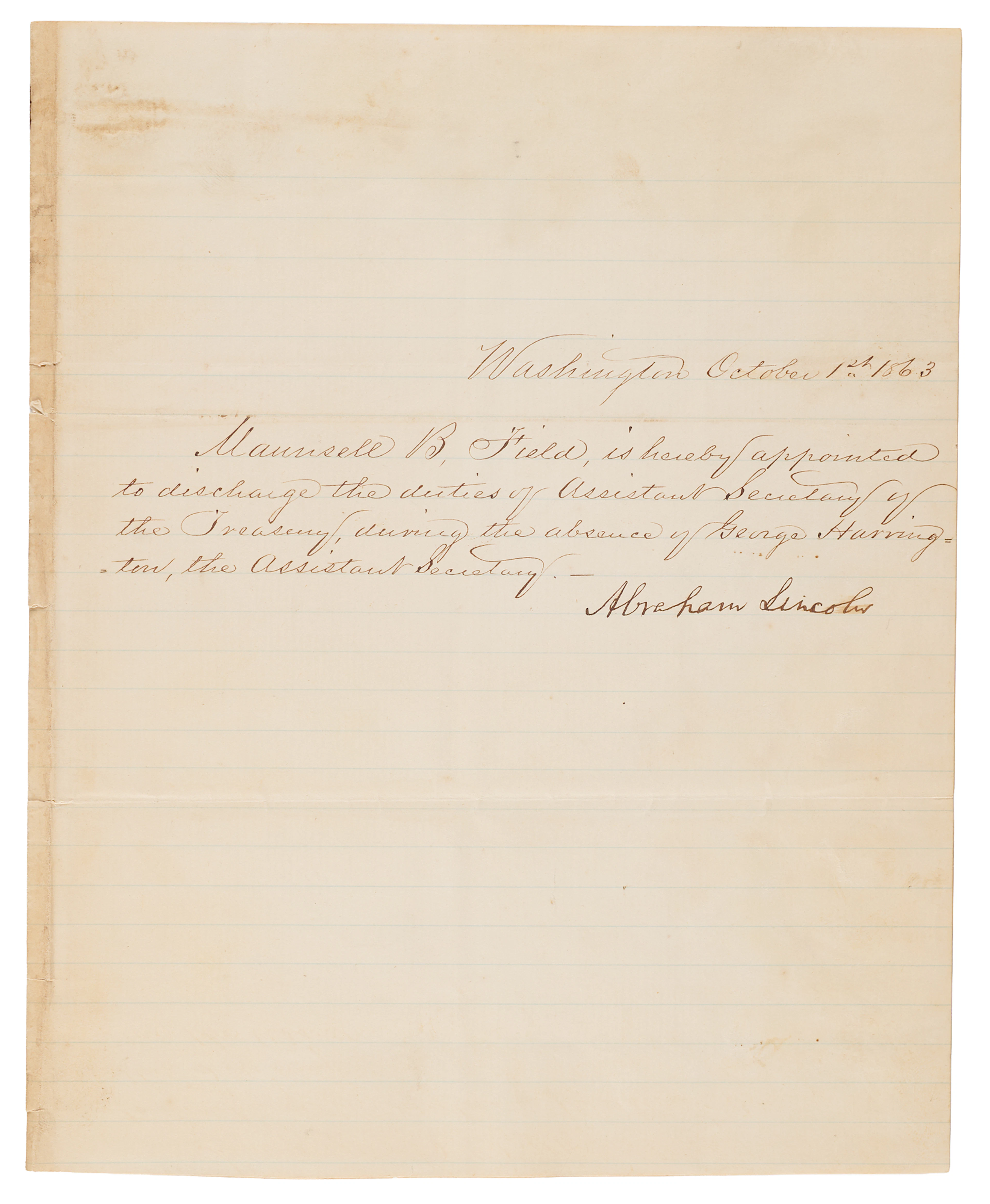Abraham Lincoln Document Signed as President, Appointing Maunsell