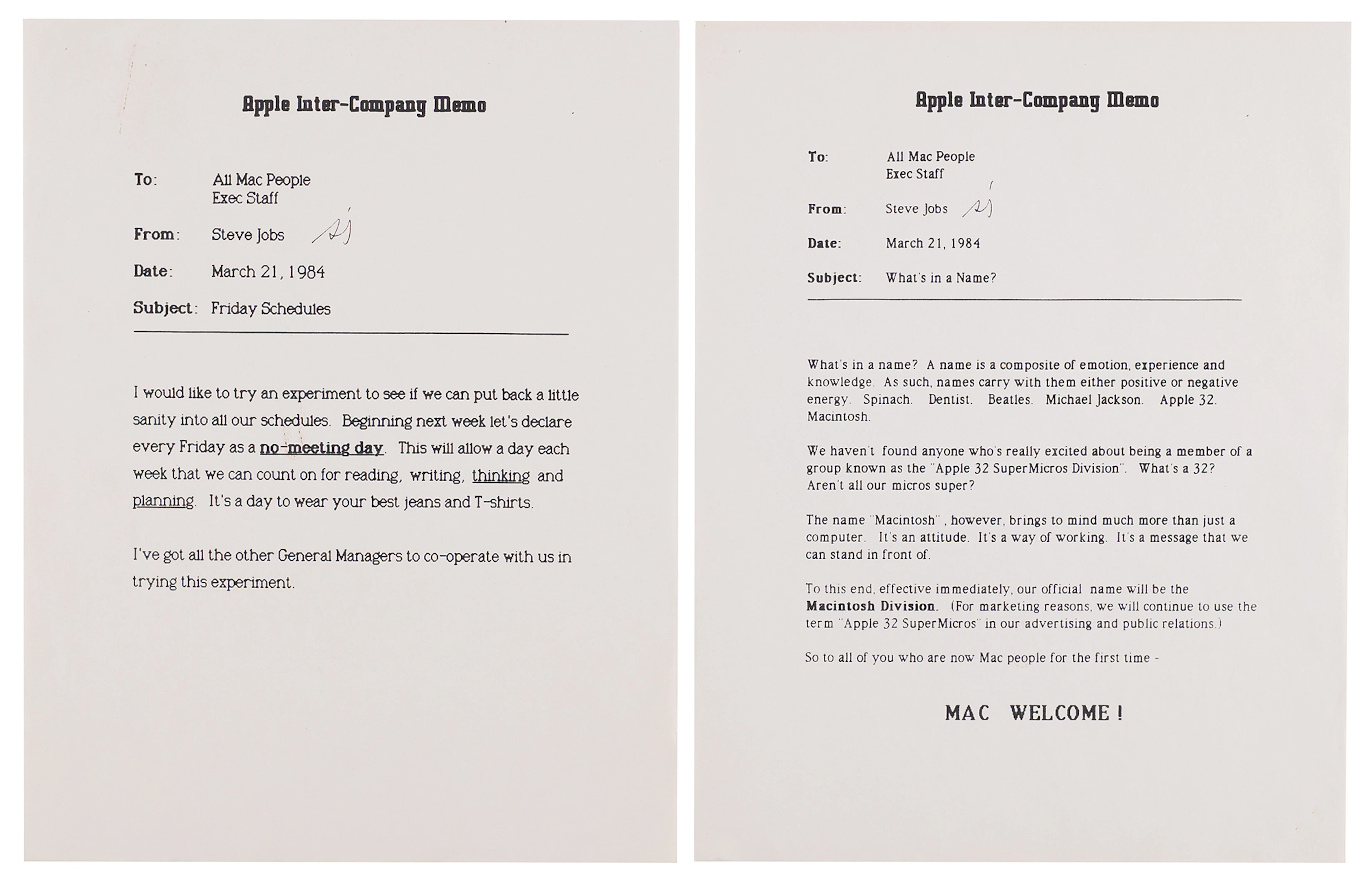 Steve Jobs (2) Apple Inter-Company Memos: "Effective immediately