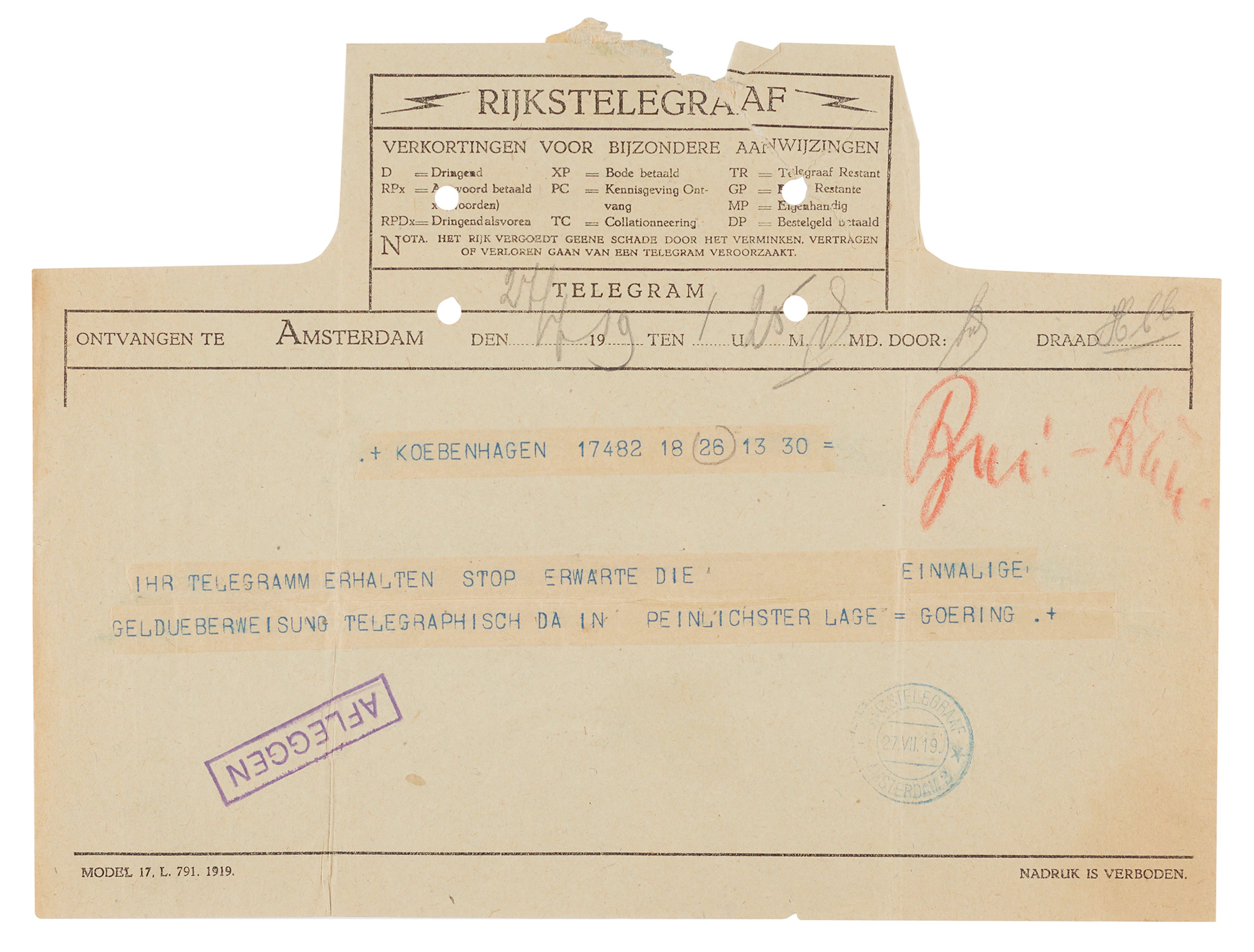 Hermann Göring Telegram to Anthony Fokker, Seeking Relief of Financial Distress