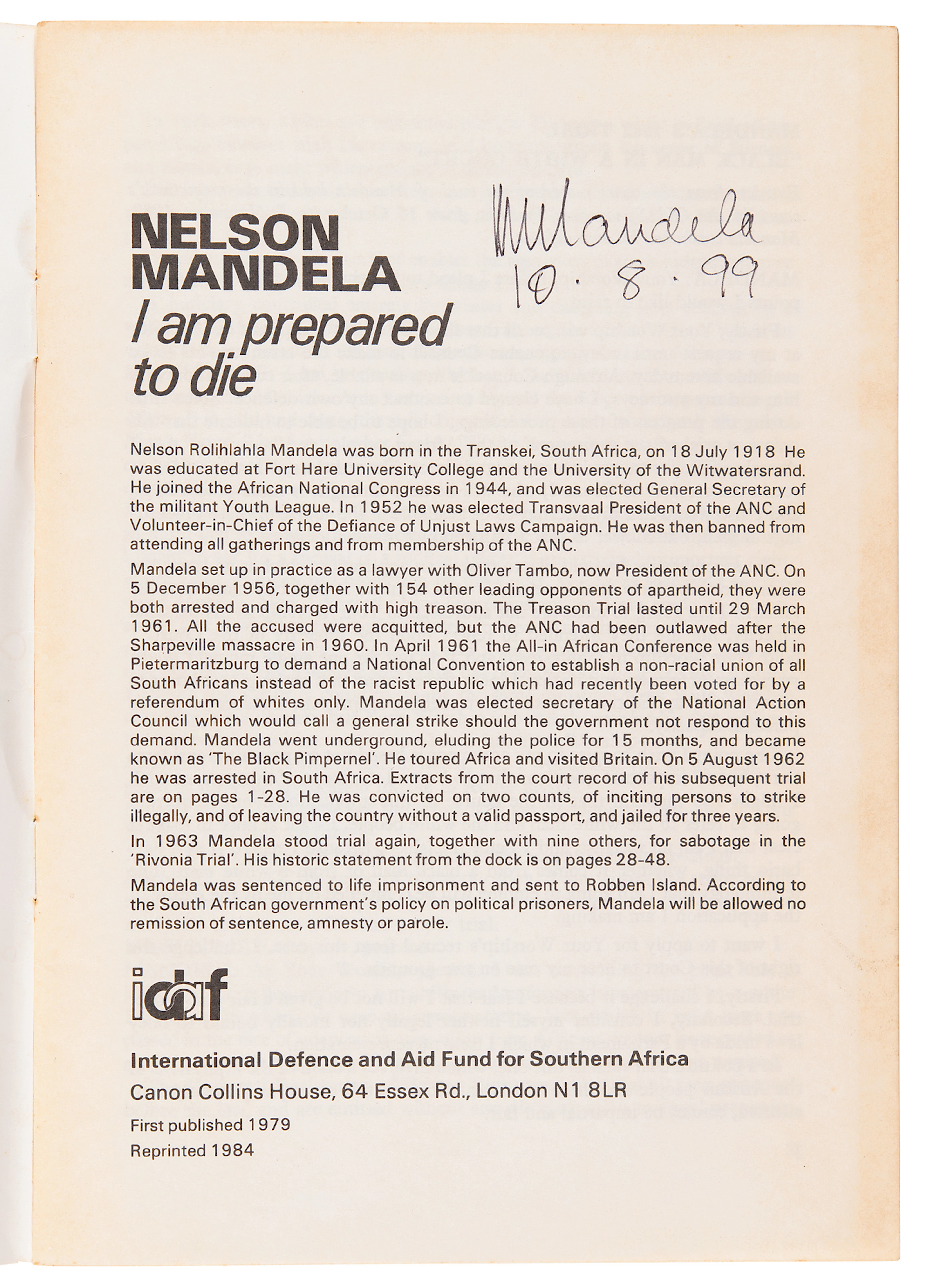 Nelson Mandela Signed Booklet - I Am Prepared to Die