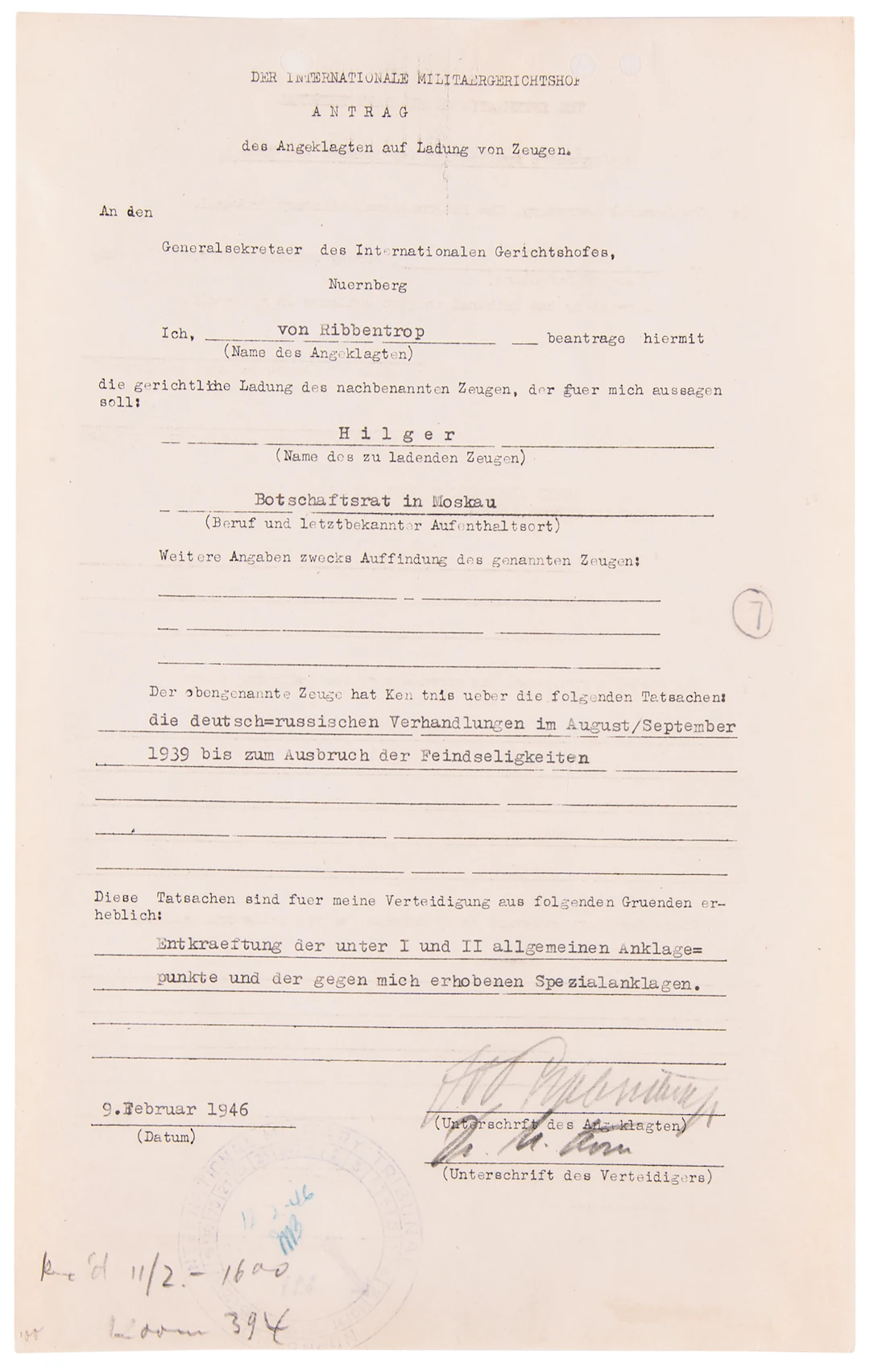 Joachim von Ribbentrop Document Signed at Nuremberg, Seeking Testimony