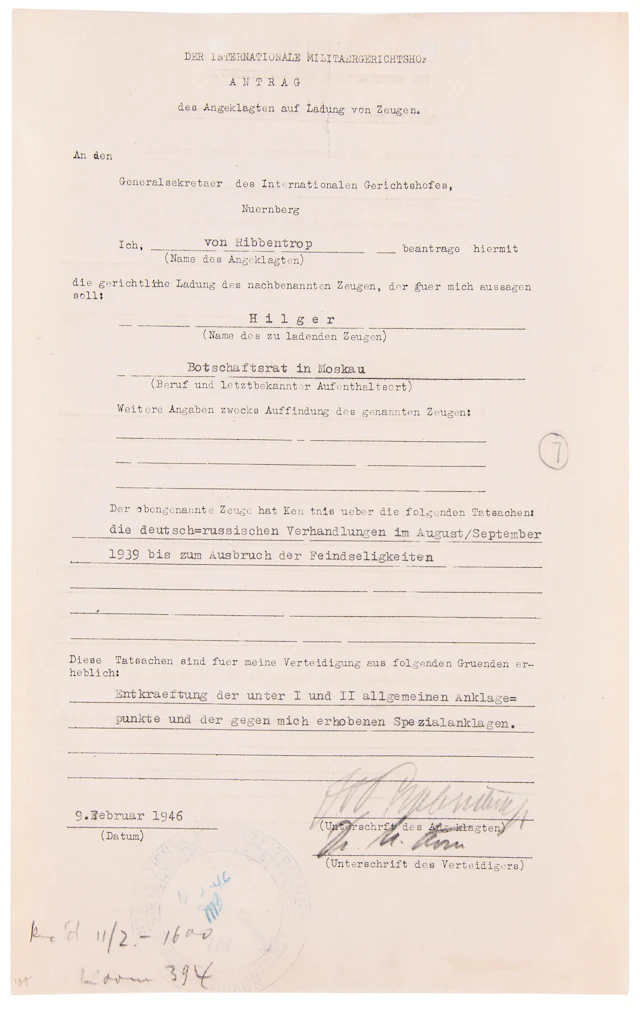 Joachim von Ribbentrop Document Signed at Nuremberg, Seeking Testimony