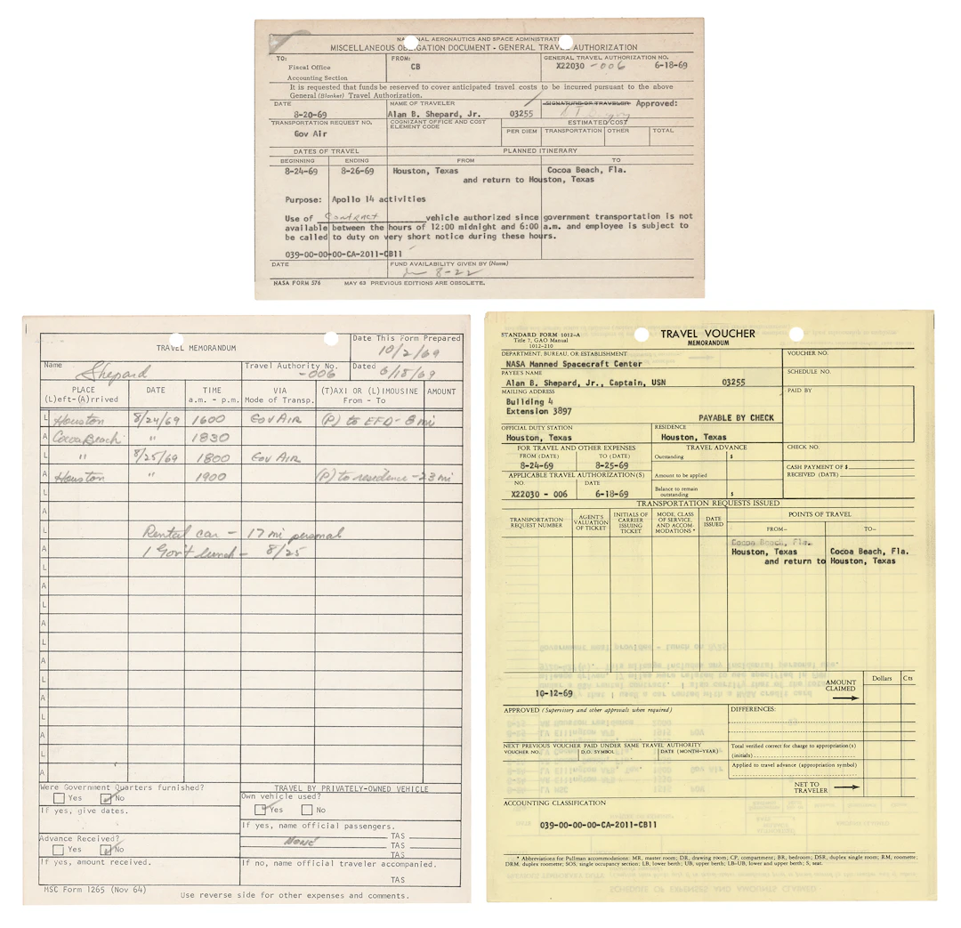 Alan Shepard Signed and Filled-Out 'Travel Memorandum' for "Apollo