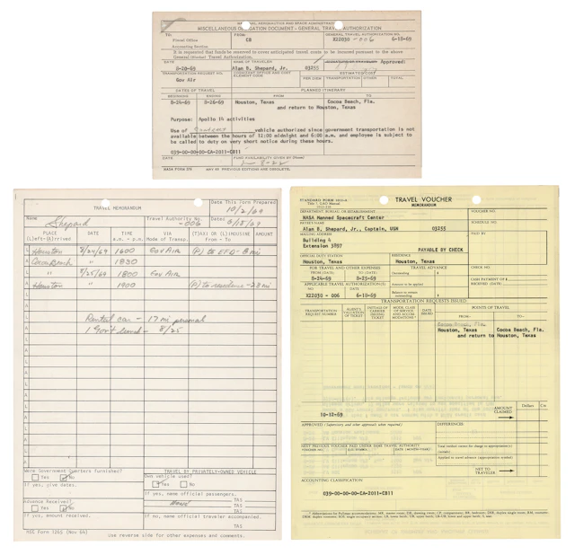 Alan Shepard Signed and Filled-Out 'Travel Memorandum' for "Apollo