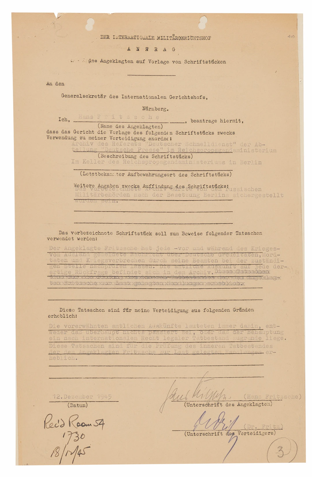 Hans Fritzsche Document Signed at Nuremberg, on Examining "each report