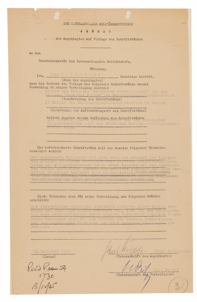Hans Fritzsche Document Signed at Nuremberg, on Examining "each report