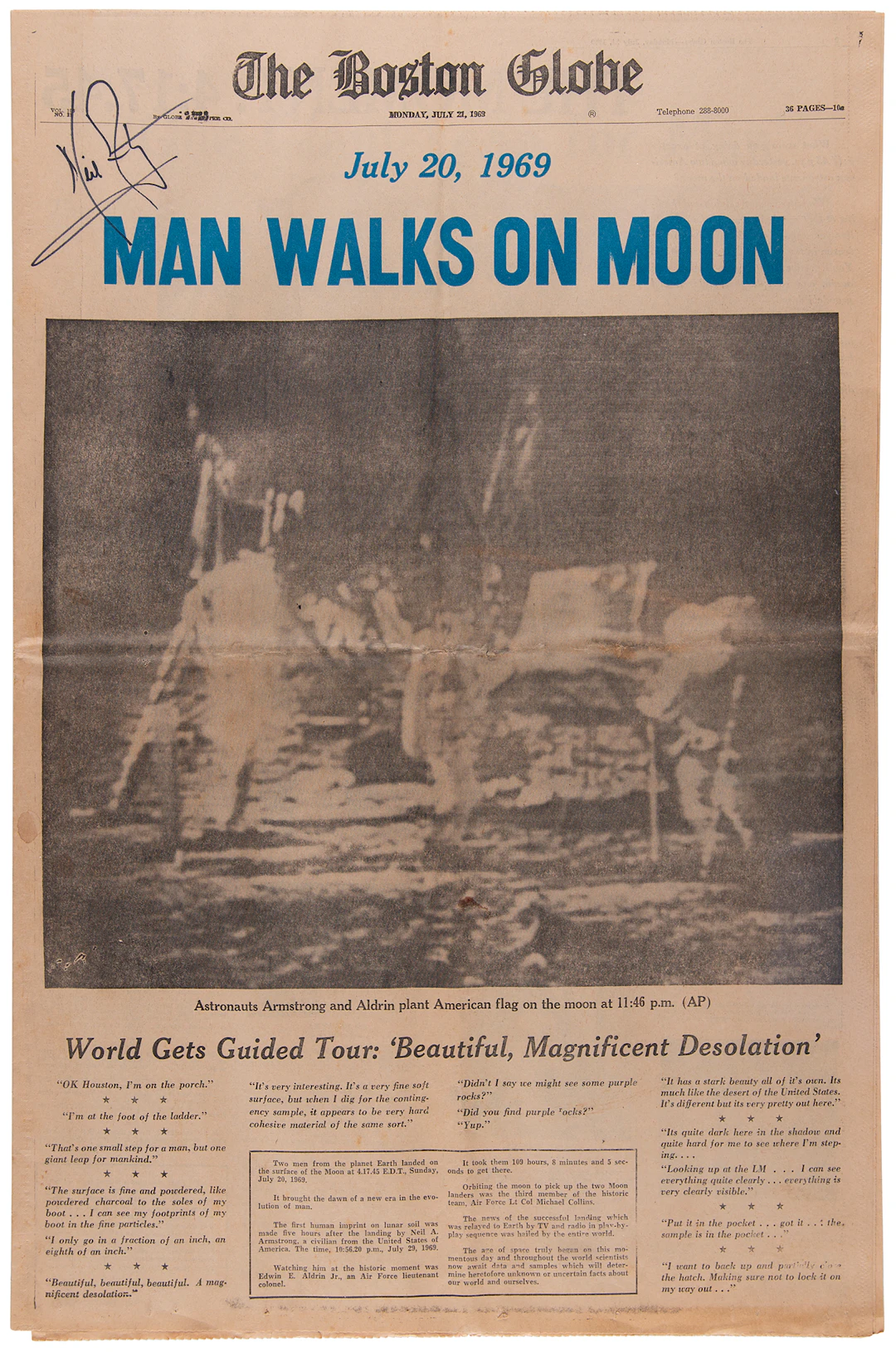 Neil Armstrong Signed Boston Globe Newspaper (July 21, 1969)