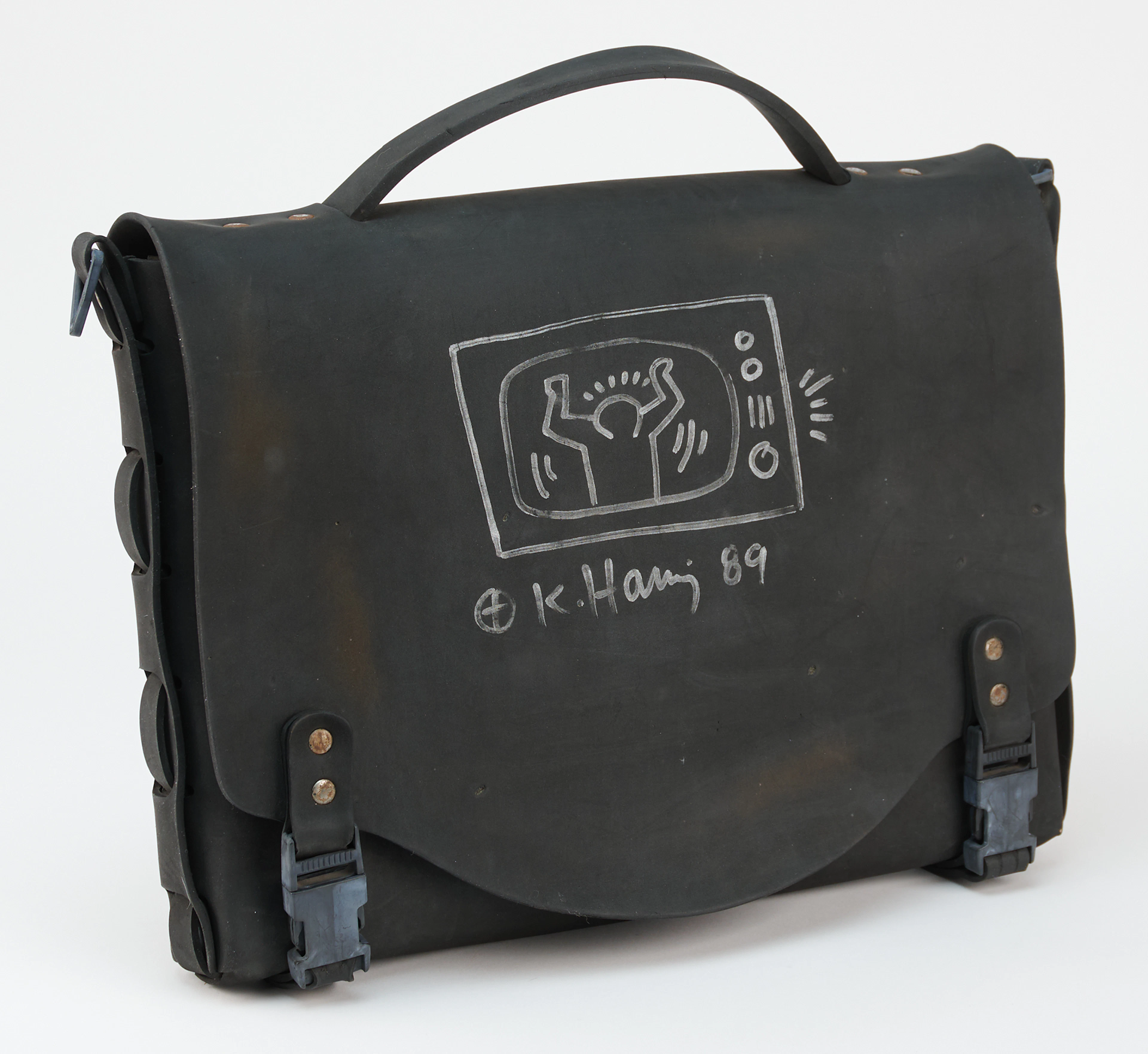 Keith Haring Signed Messenger Bag with Large TV Sketch