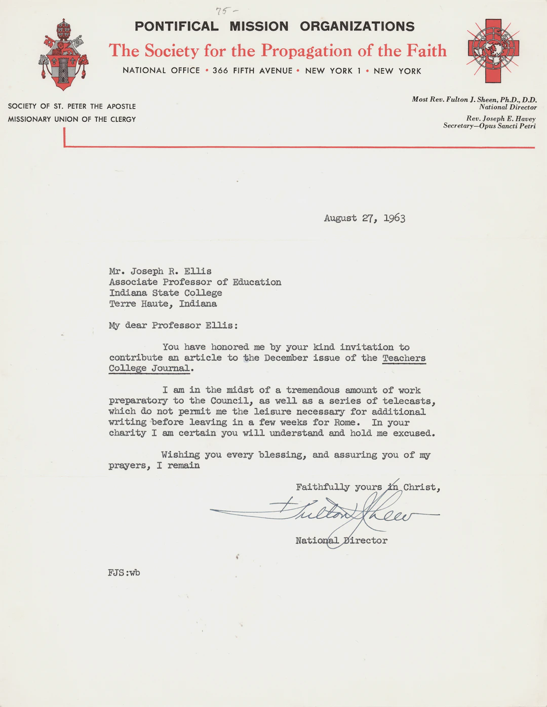 Fulton J. Sheen Typed Letter Signed