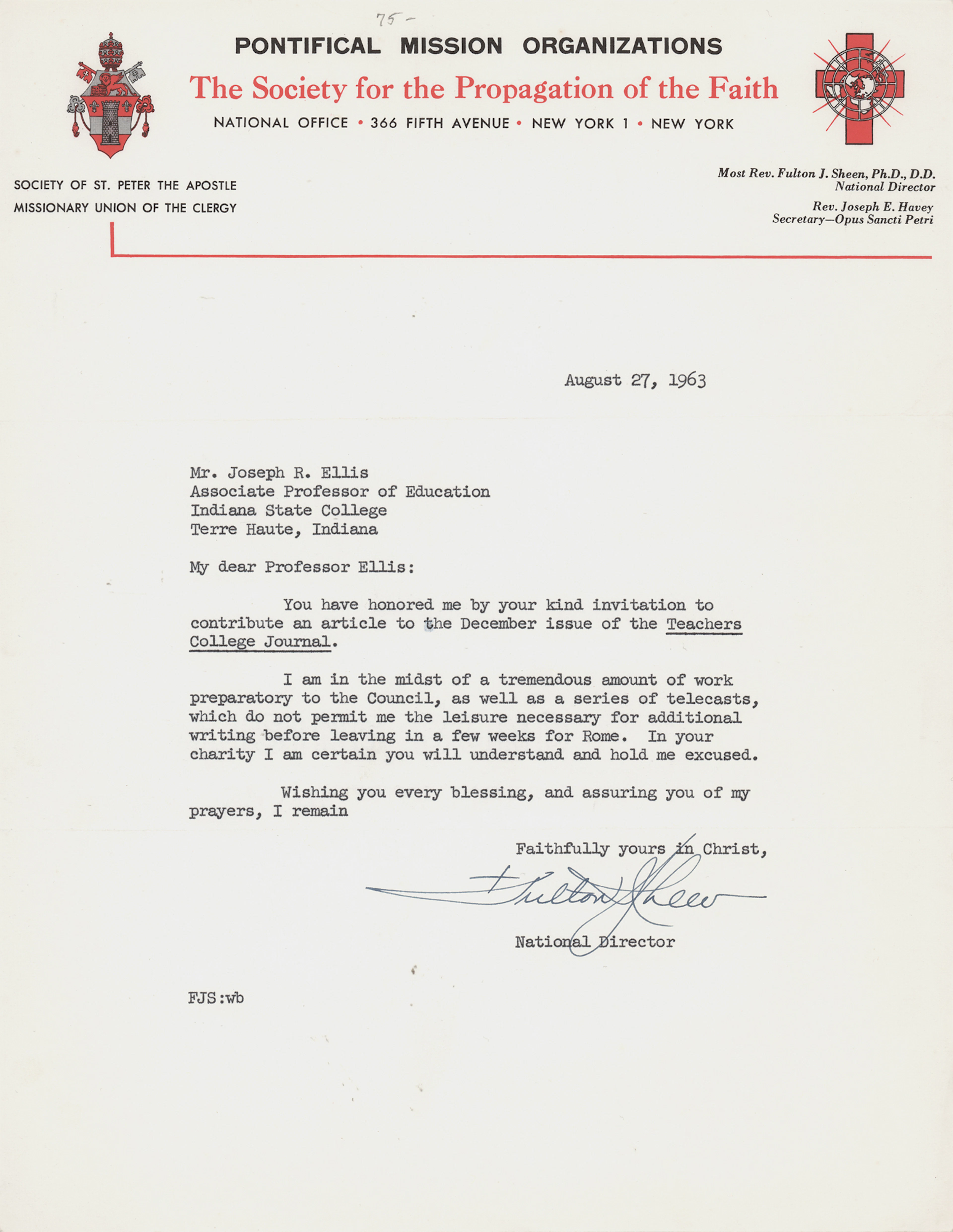 Fulton J. Sheen Typed Letter Signed