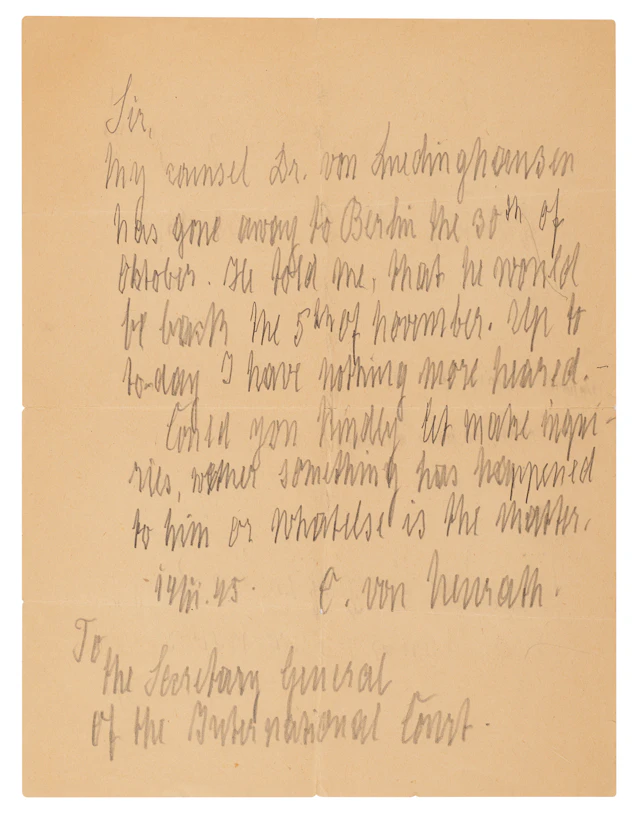 Konstantin von Neurath Autograph Letter Signed, Seeking His Absent