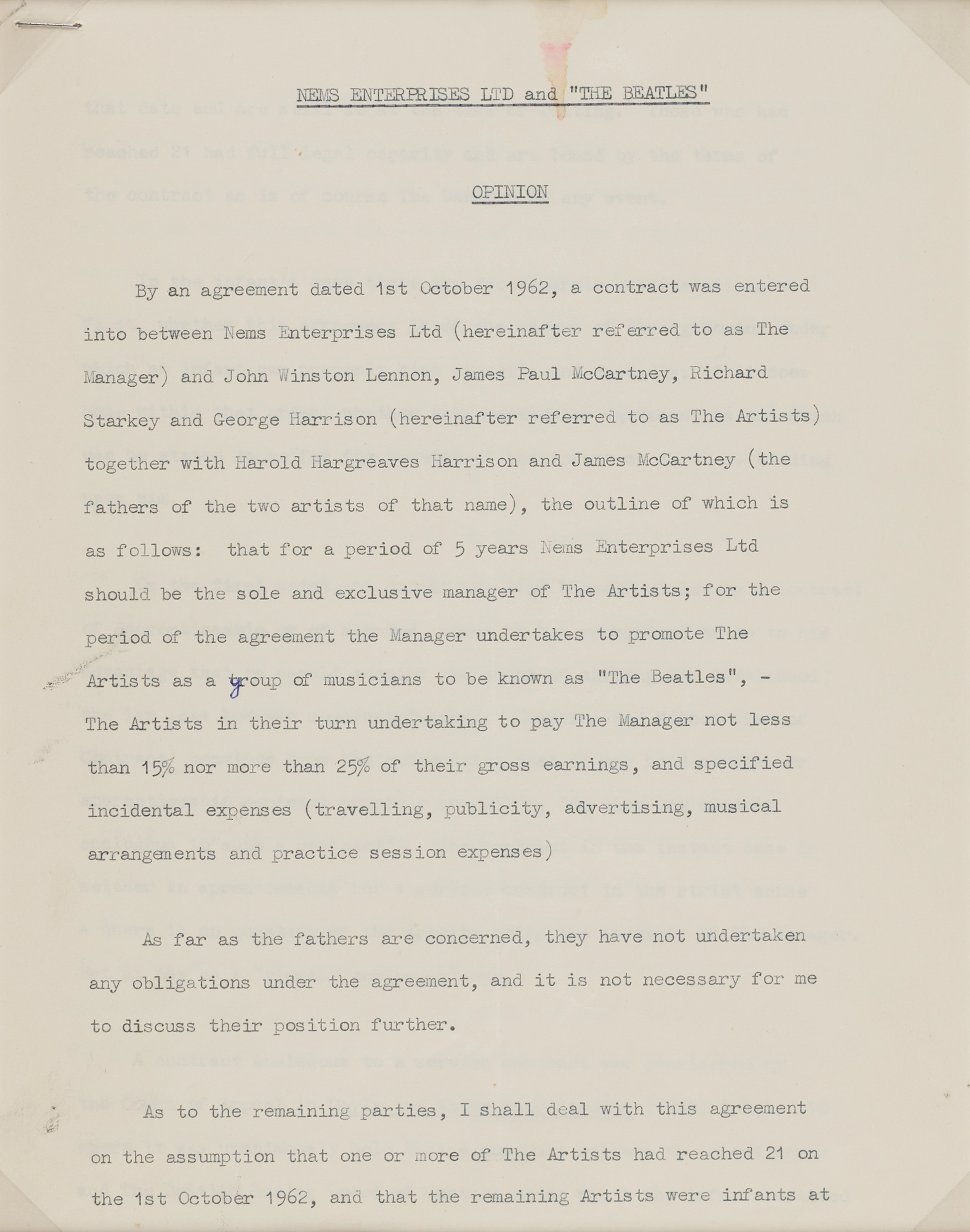 Beatles and NEMS Enterprises 'Opinion' Document (1963) - From the