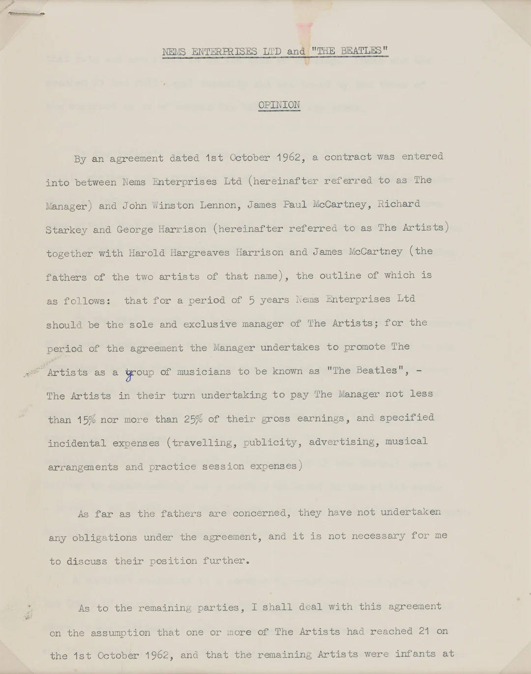 Beatles and NEMS Enterprises 'Opinion' Document (1963) - From the