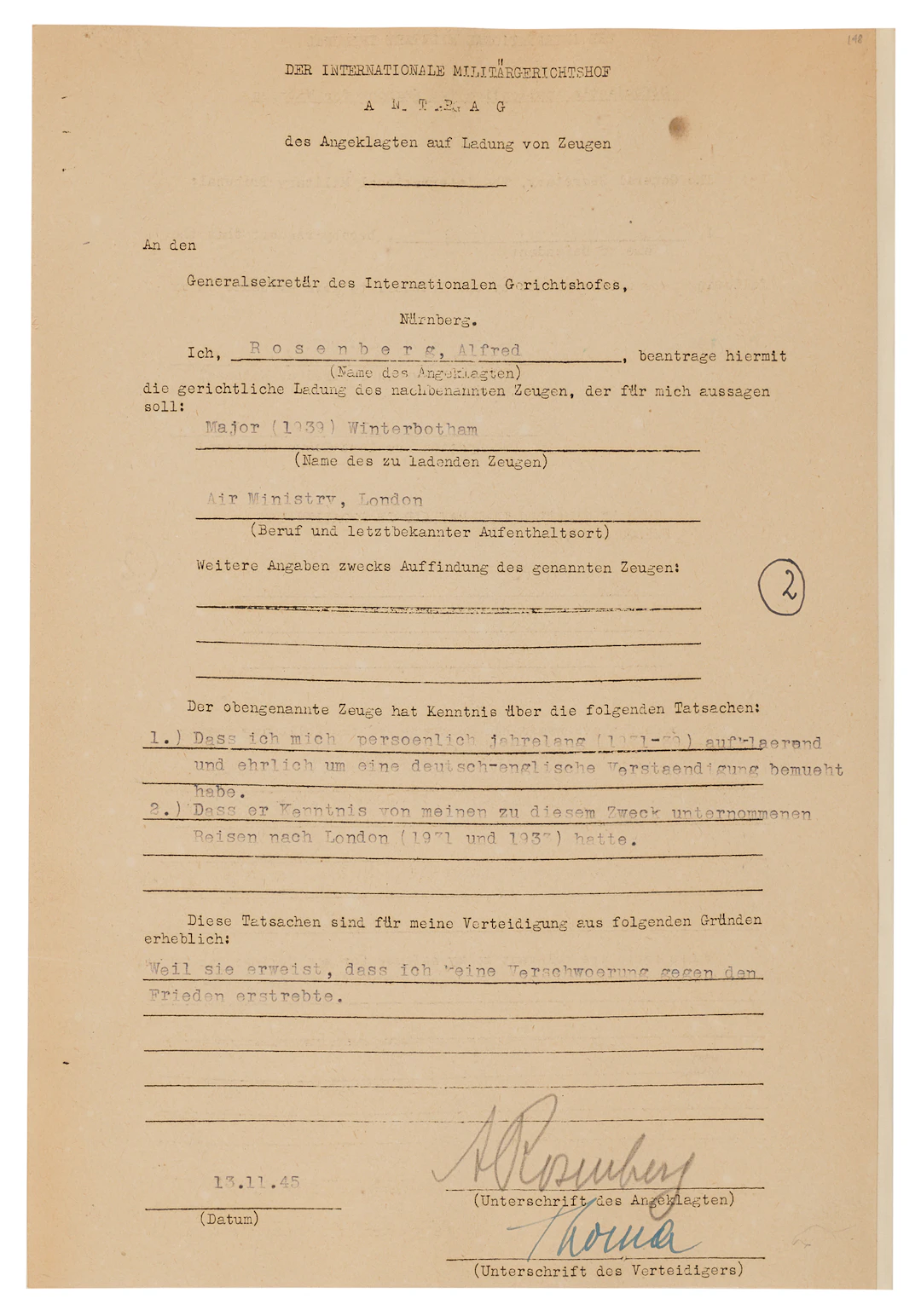 Alfred Rosenberg Document Signed at Nuremberg, Calling an MI6 Spy to Testify