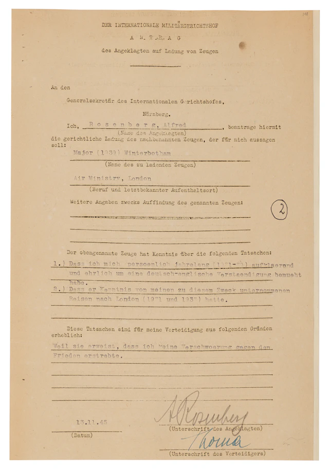 Alfred Rosenberg Document Signed at Nuremberg, Calling an MI6 Spy to Testify